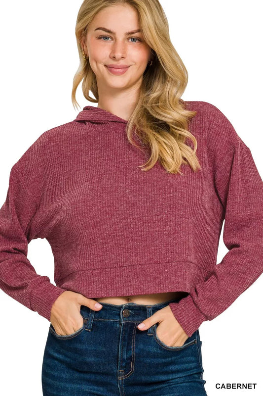 Zenana Drop Shoulder Ribbed Crop Hoodie - Lee's Retail 
