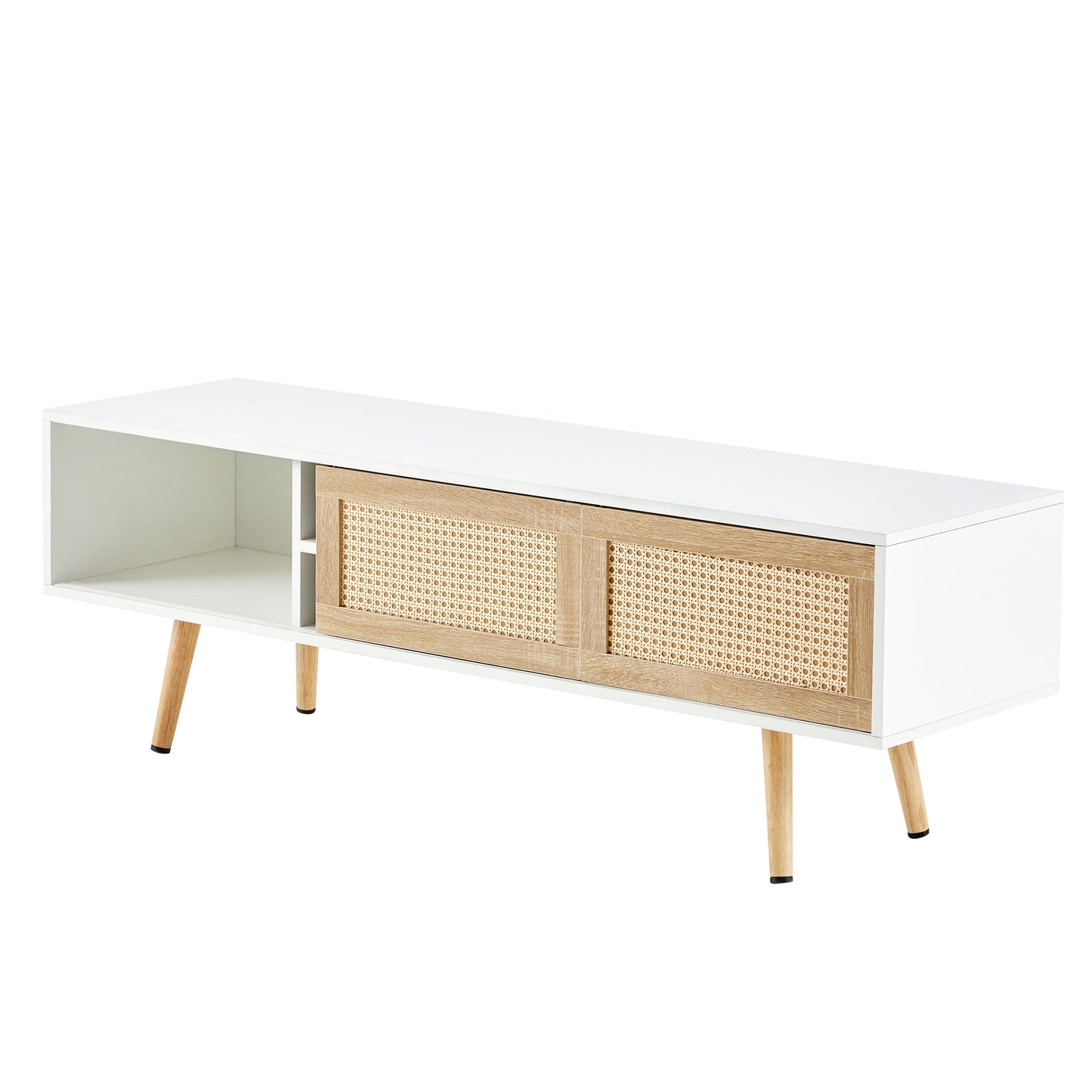 Modern Rattan TV Cabinet with Double Sliding Doors, Adjustable Shelf, Solid Wood Legs, White, 55.12 inches