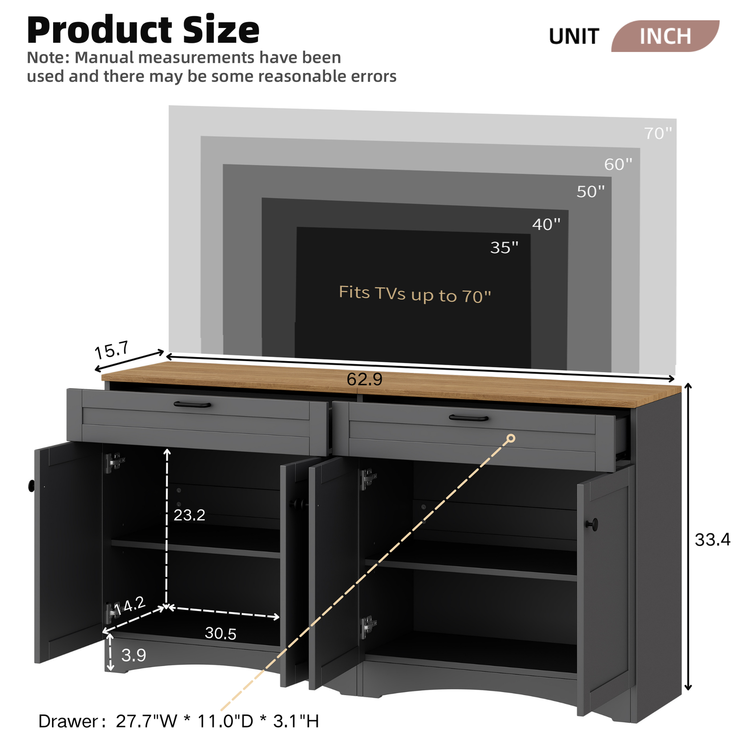 ON-TREND Farmhouse TV Stand with 2 Drawers for TVs Up to 70', Versatile Wood Grain Sideboard with Adjustable Shelves, Mid-Century Buffet Cabinet with Rustic Handles for Living Room/Bedroom, Grey