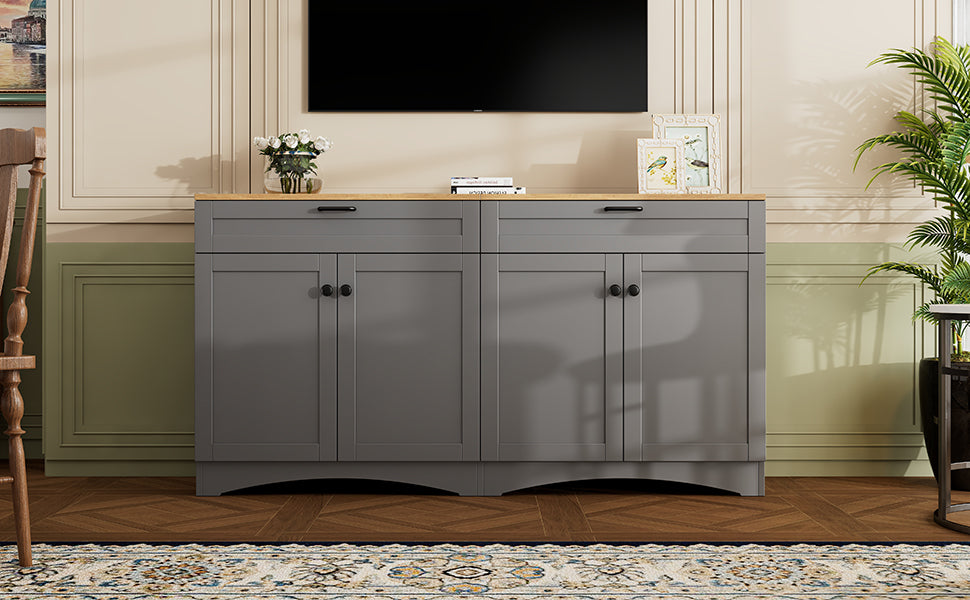 ON-TREND Farmhouse TV Stand with 2 Drawers for TVs Up to 70', Versatile Wood Grain Sideboard with Adjustable Shelves, Mid-Century Buffet Cabinet with Rustic Handles for Living Room/Bedroom, Grey