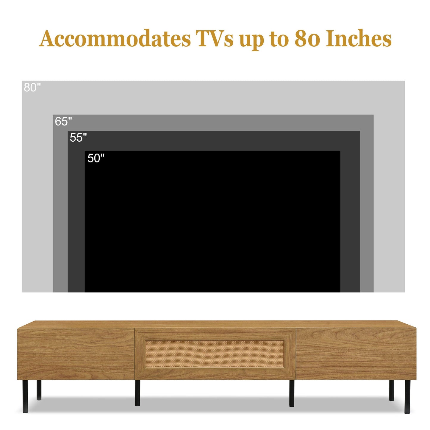 Boho TV Stand for TVs up to 80'' , Modern Farmhouse Media Console, Entertainment Center with Metal Legs, TV Cabinet for Living Room, Home Theatre