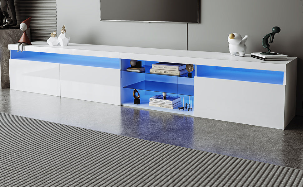 ON-TREND Unique Design TV Stand with 2 Glass Shelves, Ample Storage Space Media Console for TVs Up to 105', Versatile TV Cabinet with LED Color Changing Lights for Living Room, White