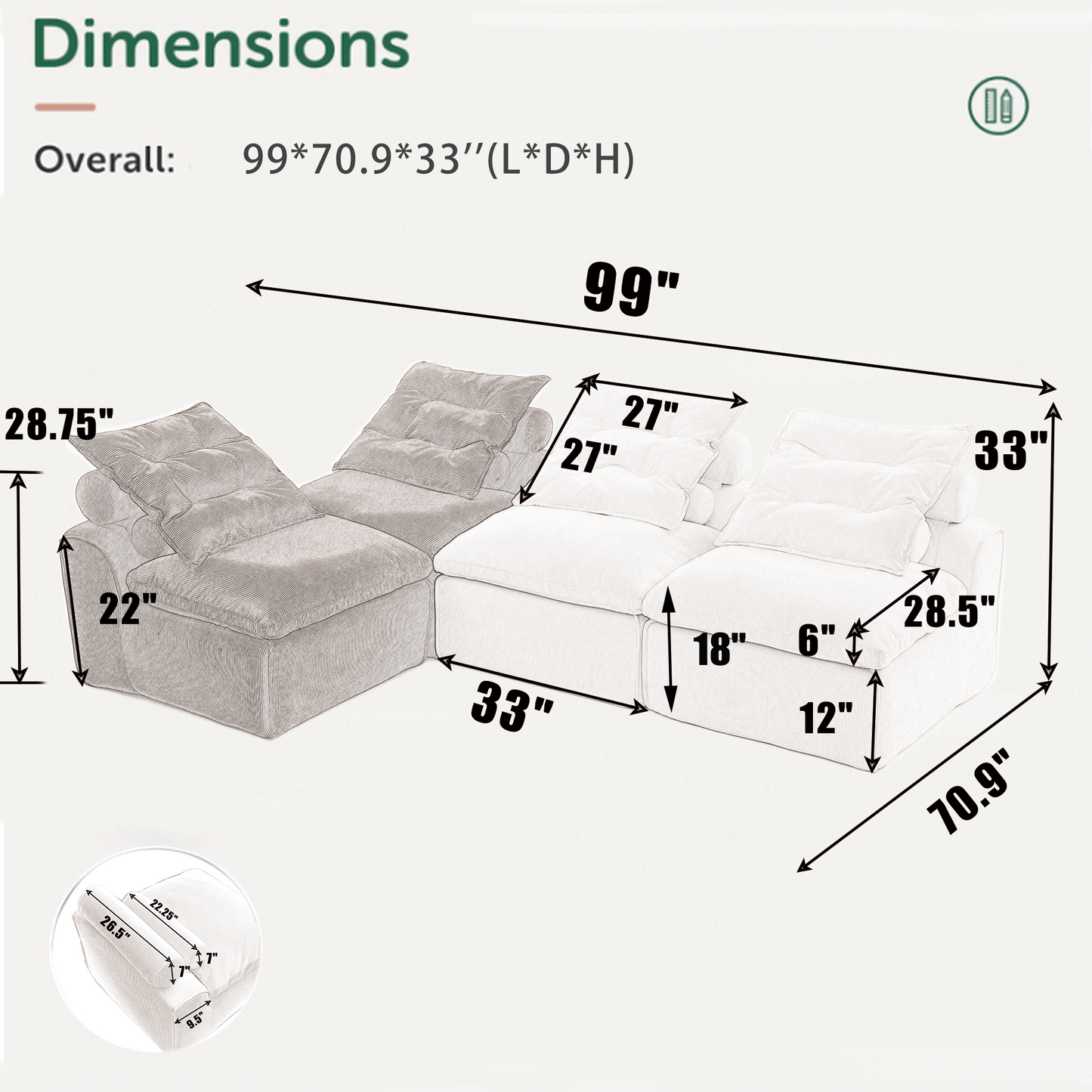 [NEW ARRIVED] [VIDEO PROVIDED]Modular Sofa,No Armrests,At will DIY,Corduroy ,Neck Pillow-Back Lounge Sofa Chair,Reading Nook, or Apartment Living, Lumbar Pillow,4 Seats,Upholstered,Beige,Green