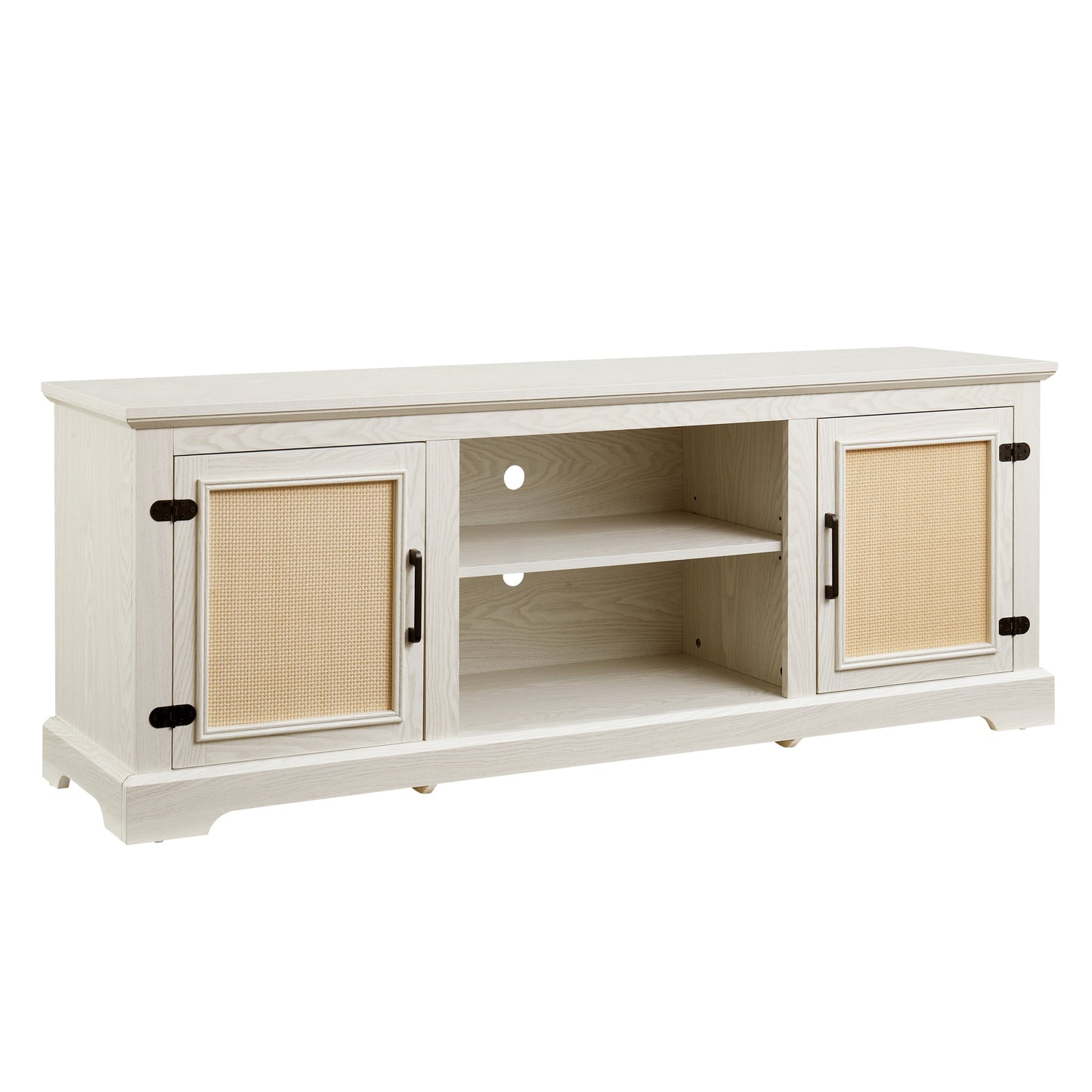 Farmhouse Rattan TV Stand Console Table for TVs up to 70 Inches, TV Console Table with 2 Storage Shelves, 2 Natural Rattan Door Cabinets,65'W*15.55'D*23.86'H, White