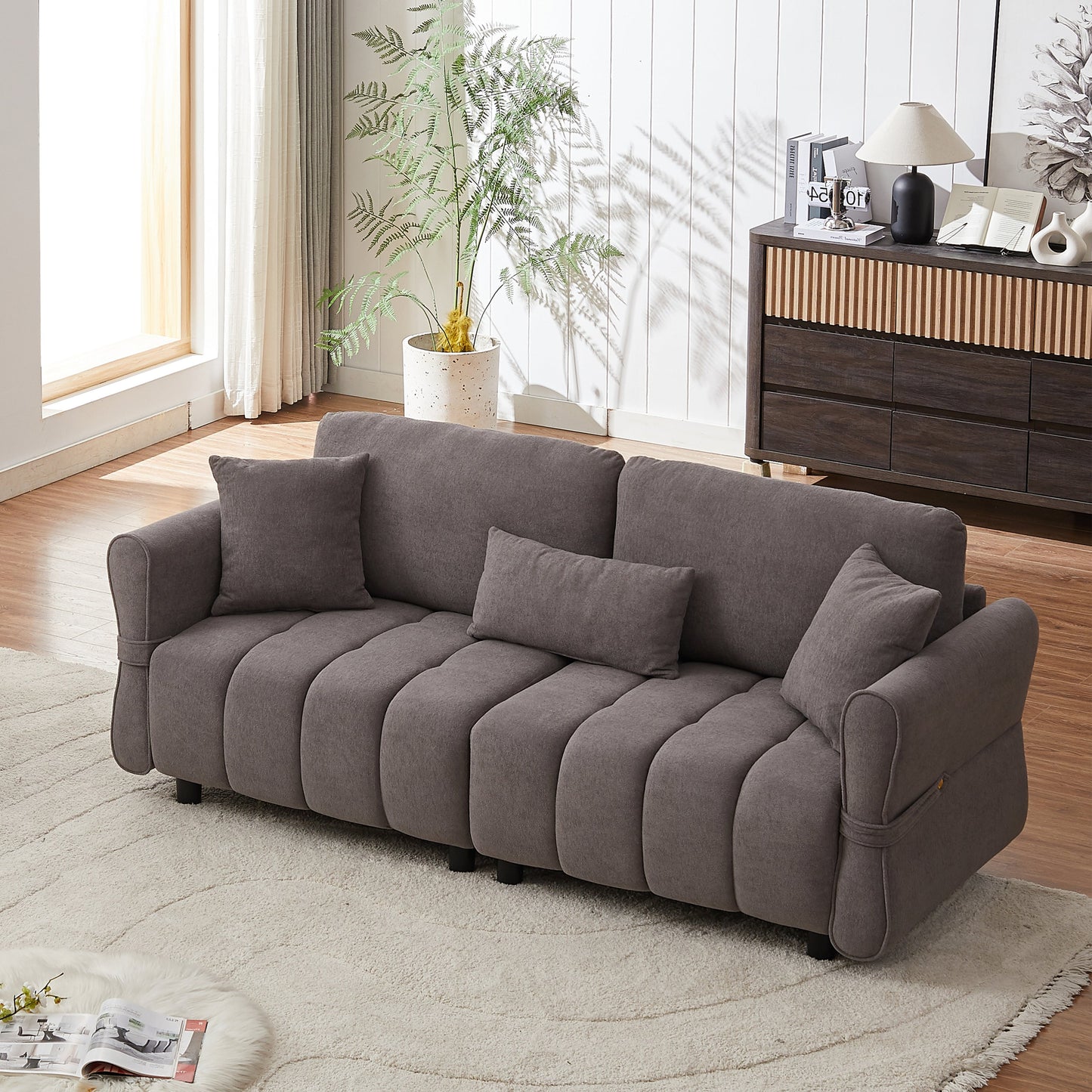 80''Premium chenille fabric sofa with 2 cushions and 1 lumbar pillow Armrest strap design,,upholstered 3-seater sofa  for living rooms, bedrooms,apartments and offices Grey