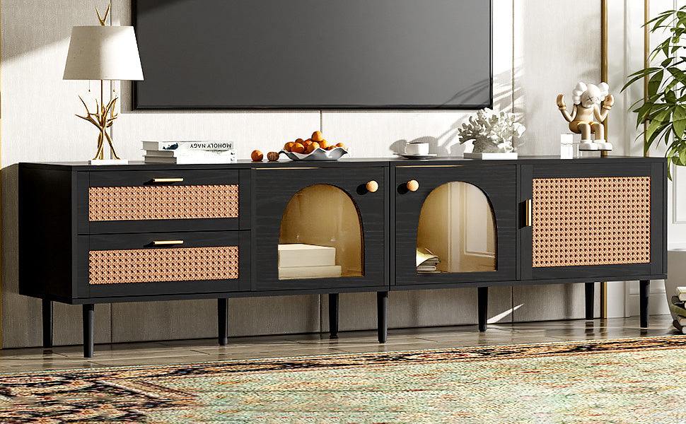 Rattan TV Stand with 3 Cabinets & 2 Drawers, Rattan-inspired Media Console Table for TVs up to 80'', LED Light Entertainment Center, TV cabinet for Living room, Bedroom, Home Theatre