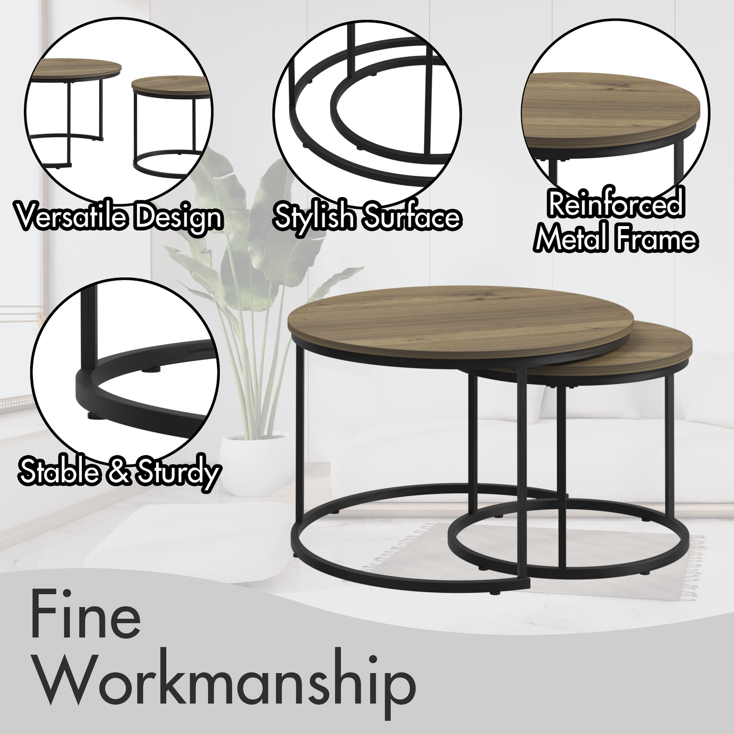 Nesting Coffee Table Set of 2, 27.6inch Round Coffee Table Industrial Wood Finish with Sturdy Metal Frame, End Table Side Tables for Living Room Bedroom Balcony Yard (Brown)