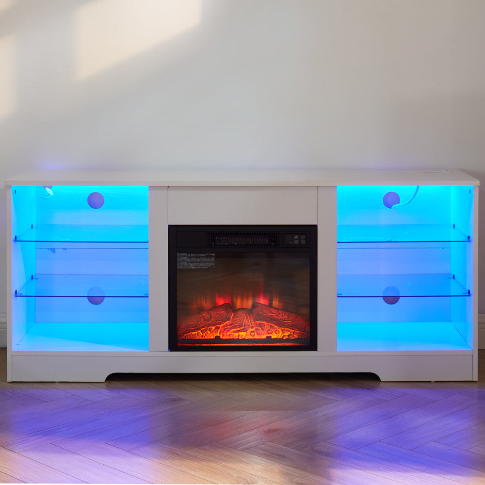 TV Stand Electric Fireplace TV Stand with Glass Shelves, 3D Fireplace TV Stand with LED Lights Wood with USB Charging Outlet Modern Television Table Center for TV up to 32-62' White 58''W*15.4''D*24.4