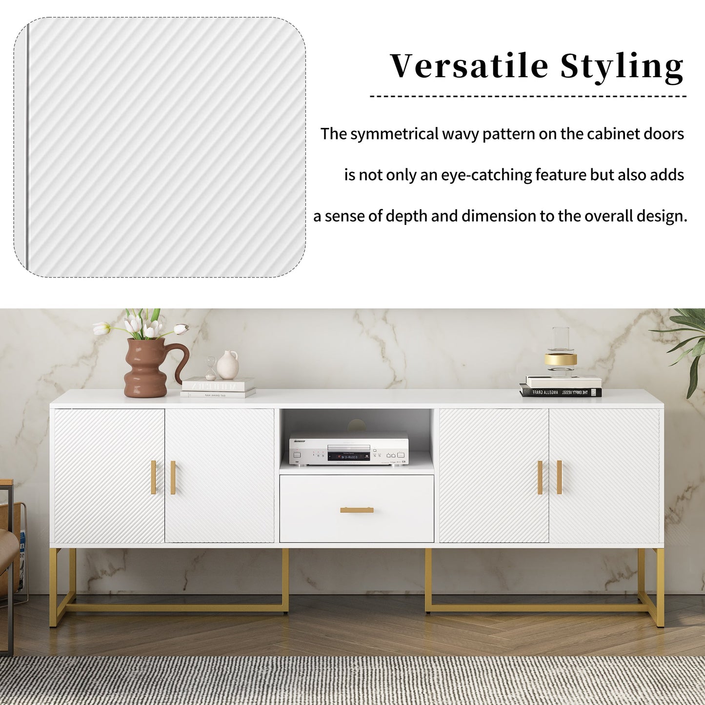 U-Can Modern TV Stand for TV up to 70 Inches,TV Cabinet with 1 Drawer, 2 Cabinets and Metal Legs, Handles and Anti-tip Device for Living room