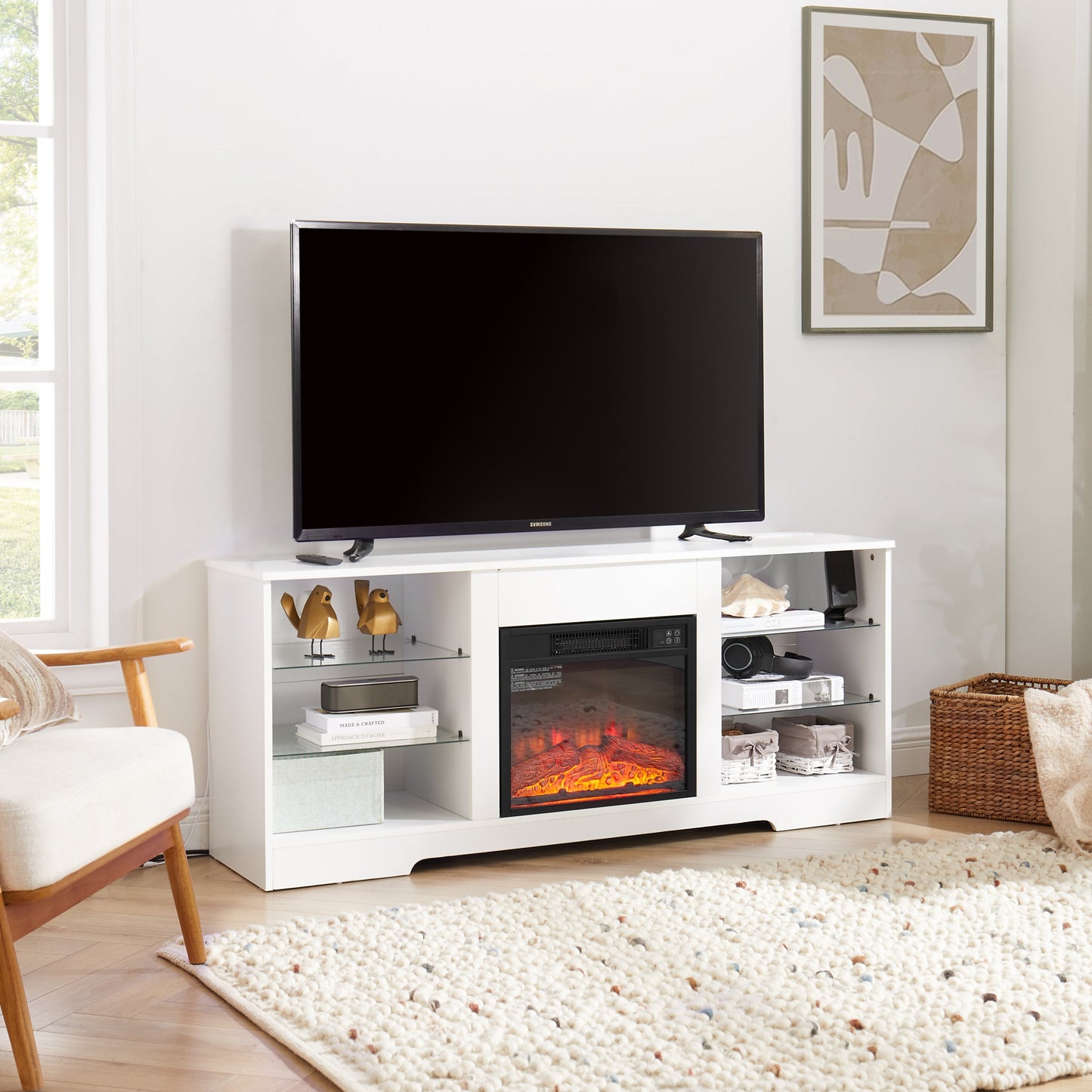 TV Stand Electric Fireplace TV Stand with Glass Shelves, 3D Fireplace TV Stand with LED Lights Wood with USB Charging Outlet Modern Television Table Center for TV up to 32-62' White 58''W*15.4''D*24.4