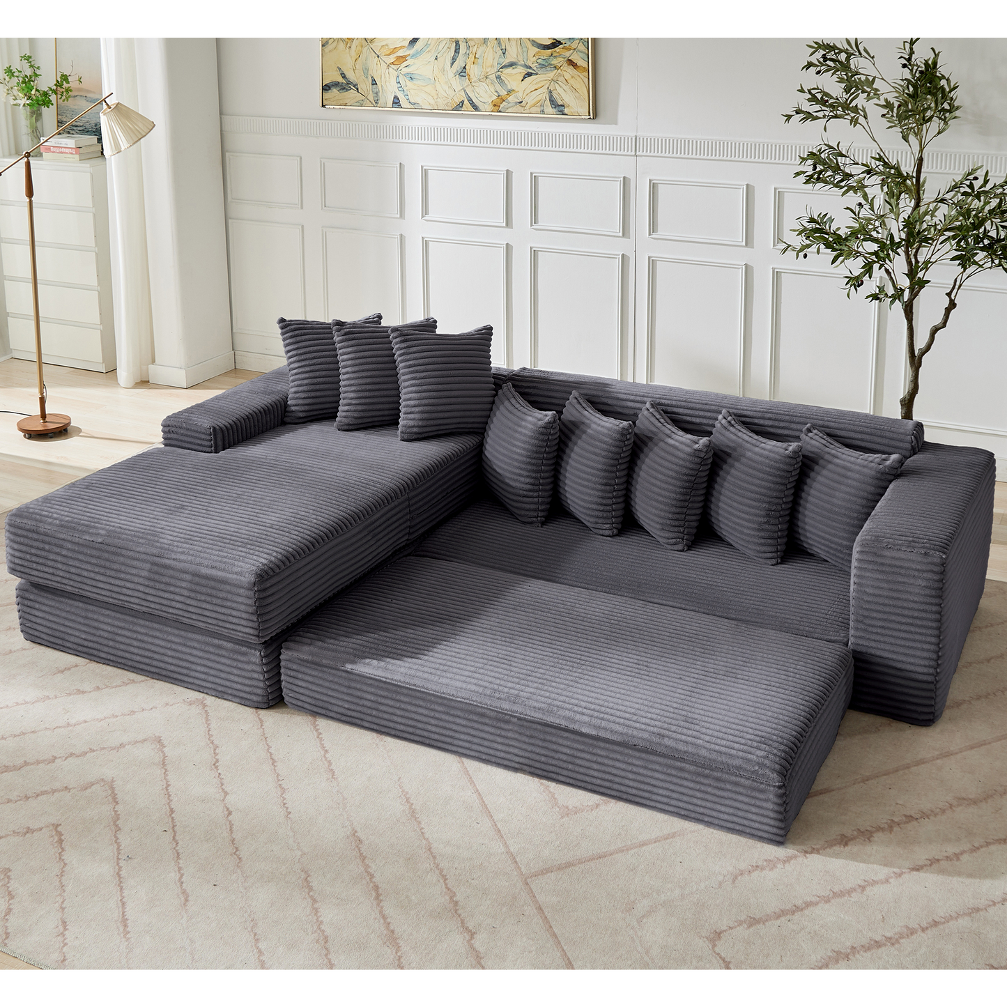 [NEW ARRIVED] [VIDEO PROVIDED] Oversize Cloud Couch, L-Shape Sofa, Convertible Floor Sleeper Sofa Bed, No Assembly ,Eight pillows,3-in-1,Side Pocket,(Left Facing Sofa),3 Seat,Corduroy,Dark Gray