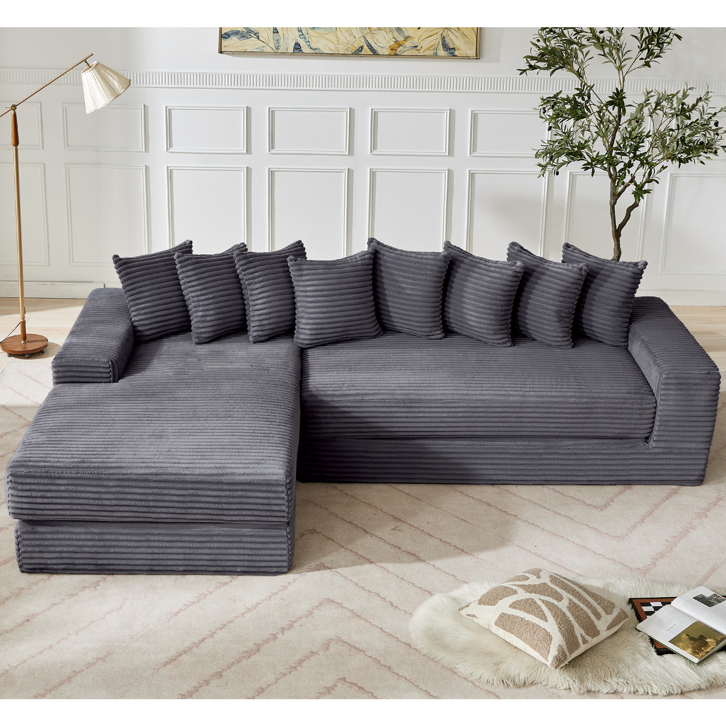[NEW ARRIVED] [VIDEO PROVIDED] Oversize Cloud Couch, L-Shape Sofa, Convertible Floor Sleeper Sofa Bed, No Assembly ,Eight pillows,3-in-1,Side Pocket,(Left Facing Sofa),3 Seat,Corduroy,Dark Gray
