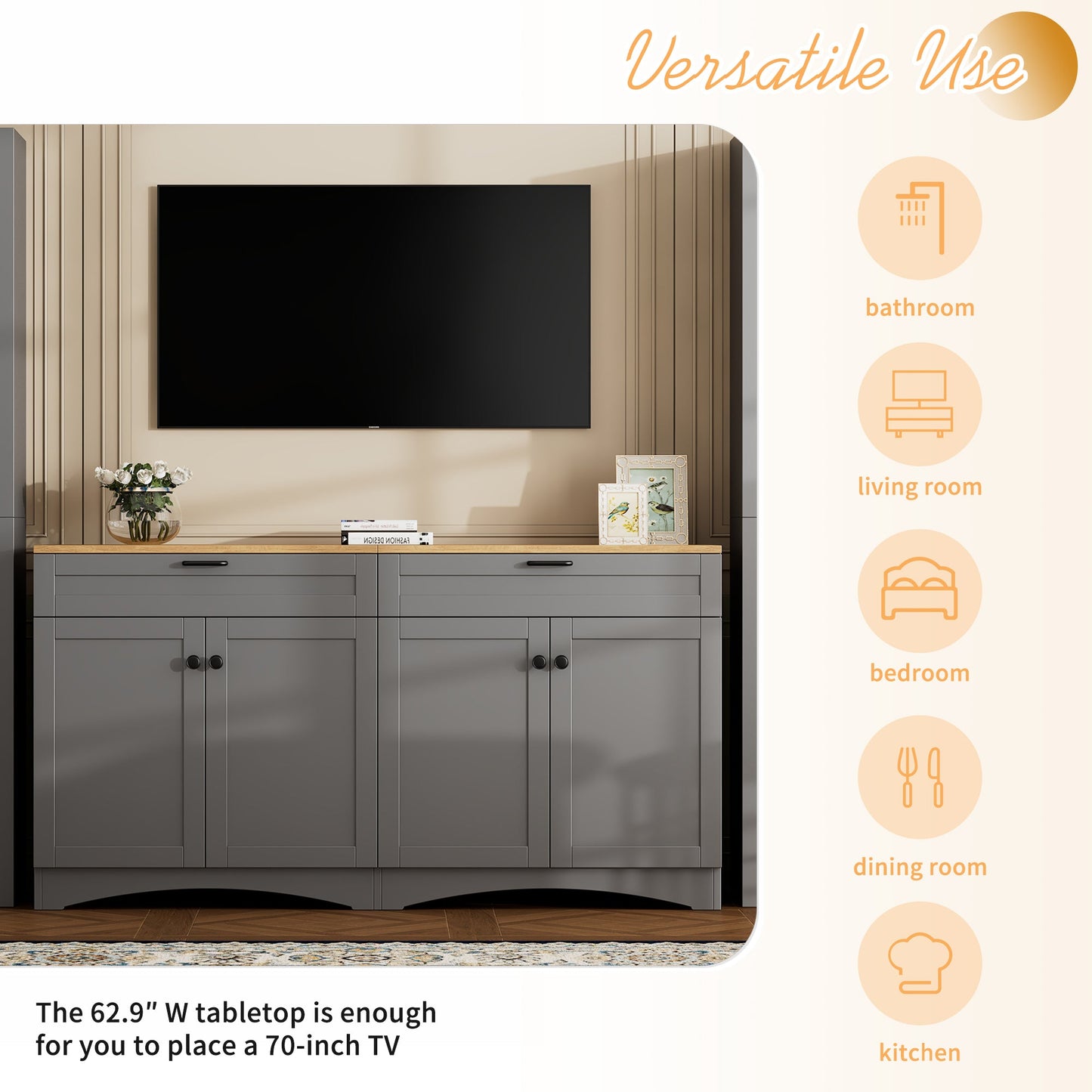 ON-TREND Farmhouse TV Stand with 2 Drawers for TVs Up to 70', Versatile Wood Grain Sideboard with Adjustable Shelves, Mid-Century Buffet Cabinet with Rustic Handles for Living Room/Bedroom, Grey
