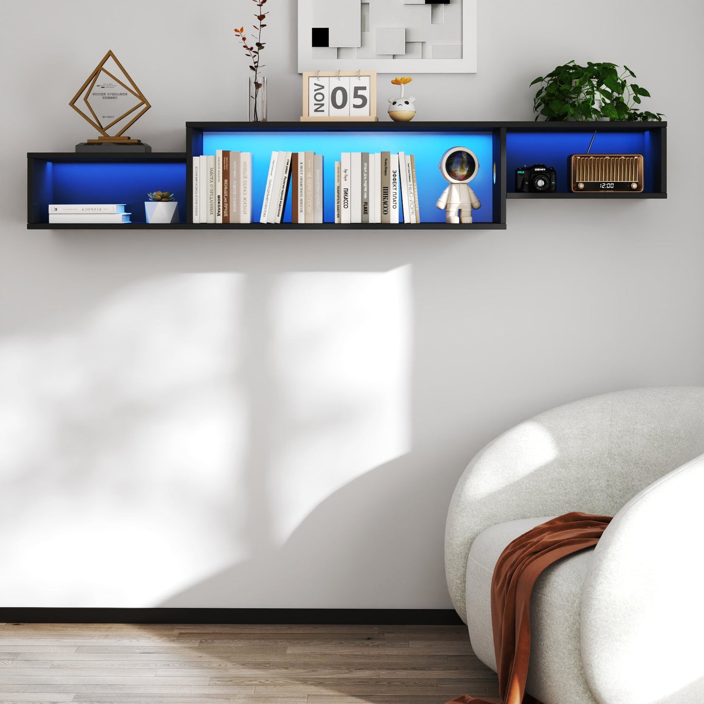 65.35in Wall Mounted Floating  TV Stand with 20 Color LEDs and Charging Station