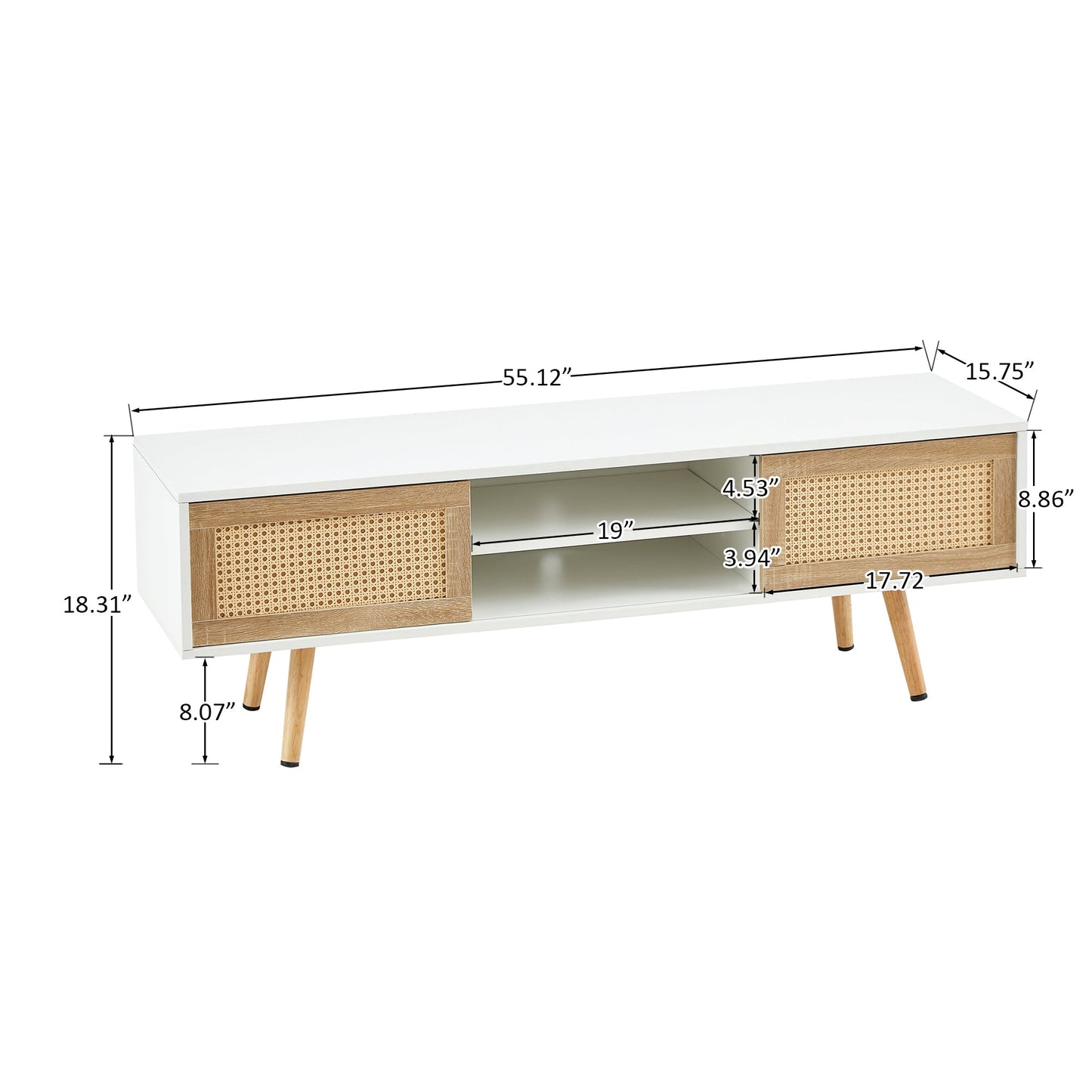 Modern Rattan TV Cabinet with Double Sliding Doors, Adjustable Shelf, Solid Wood Legs, White, 55.12 inches
