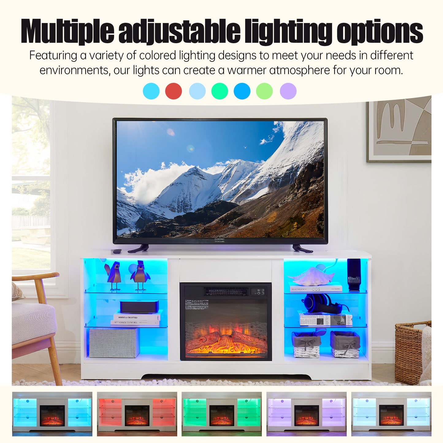 TV Stand Electric Fireplace TV Stand with Glass Shelves, 3D Fireplace TV Stand with LED Lights Wood with USB Charging Outlet Modern Television Table Center for TV up to 32-62' White 58''W*15.4''D*24.4