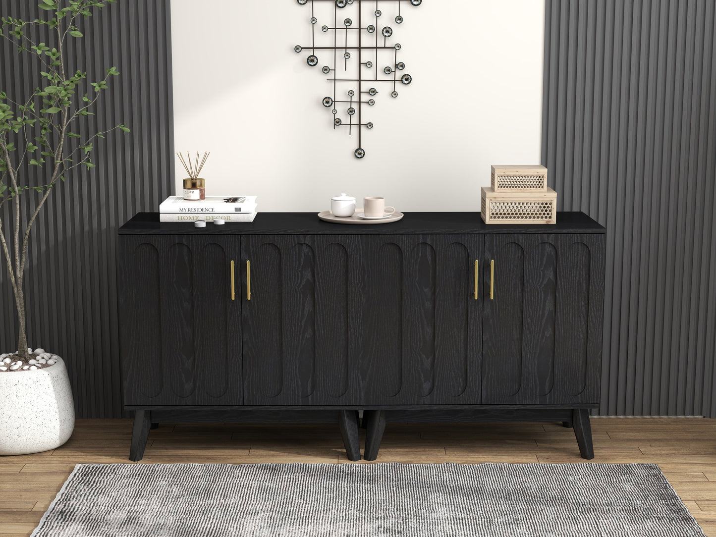 Mid Century Modern Fluted Sideboard Cabinet with Adjustable Shelves & Solid Wood Legs, Buffet Cabinet with Storage, Walnut Storage Cabinet for Living Room, Entryway, Hallway, Dining Room, Kitchen