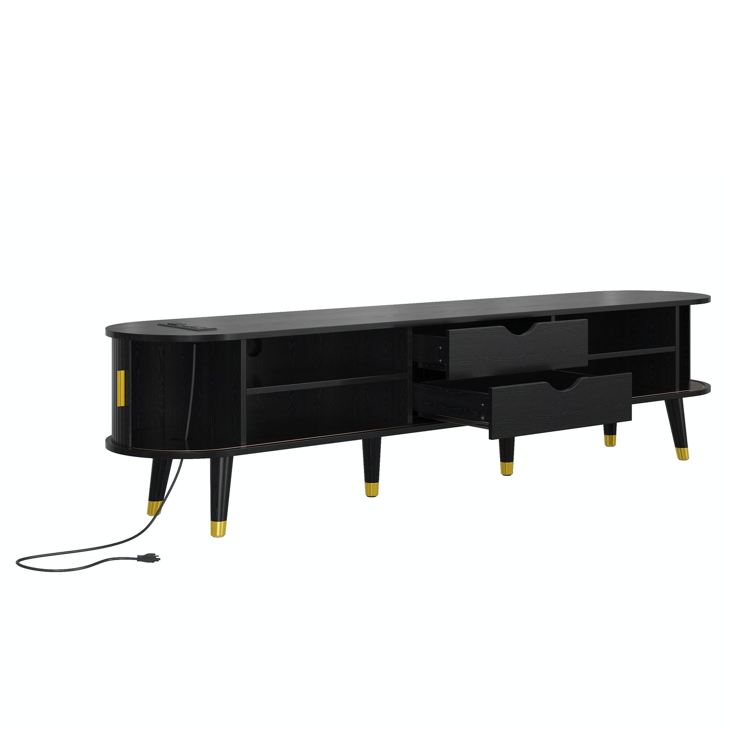[Assembly Video]Wooden Oval Fluted TV Stand with Charging Station for TV up to 80', Mid-Century Media Console with Sliding Tambour Door, Farmhouse TV Cabinet with Golden Handle for Living Room, Black