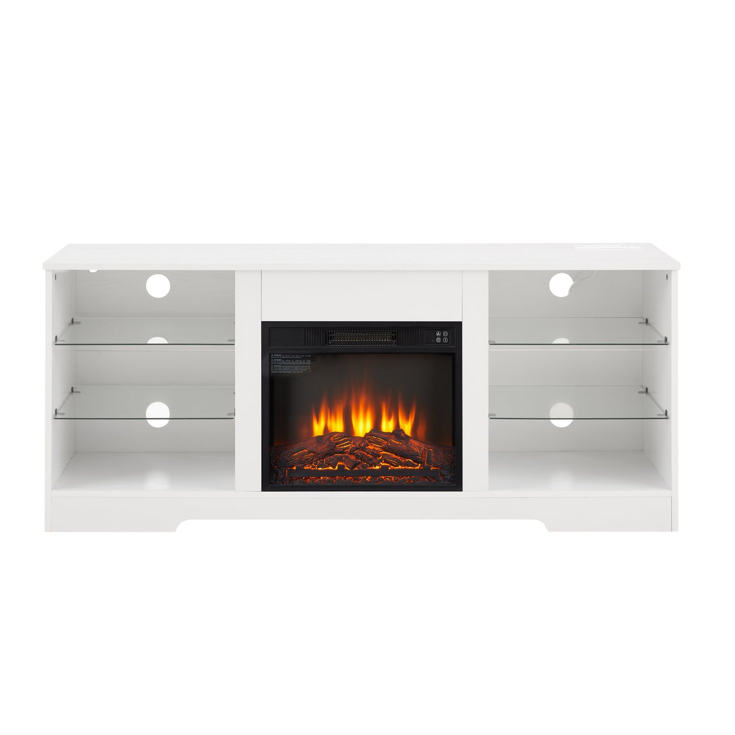 TV Stand Electric Fireplace TV Stand with Glass Shelves, 3D Fireplace TV Stand with LED Lights Wood with USB Charging Outlet Modern Television Table Center for TV up to 32-62' White 58''W*15.4''D*24.4