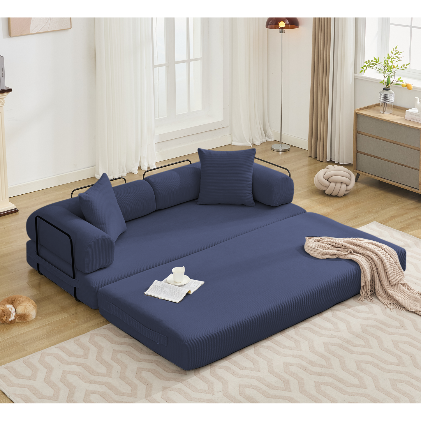 [NEW ARRIVED] [VIDEO PROVIDED] 78.5' Folding Convertible Out Sleeper Sofa Bed,4-in-1 DIY Combination Convertible Sofa,3 seat, Folding Sofa, King Size , Bedroom,Apartment,Corduroy,Blue