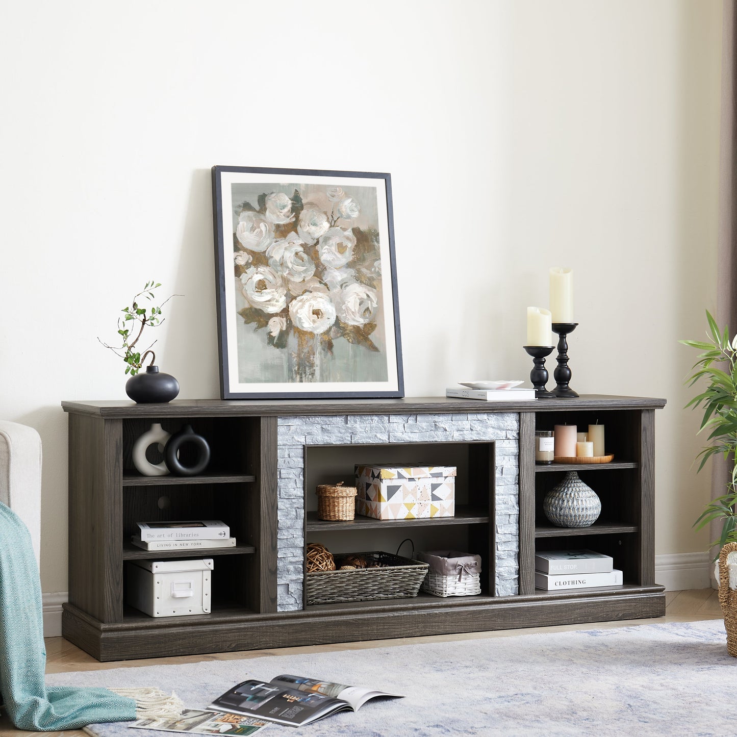 Large TV Stand TV Desk Storage Rack with Faux Stacked Stone Surround,Media Console Table with Large Storage Cabinet,Modern TV Media Entertaionment Stand,GREY, 70.12'W*15.35'D*25.83'H