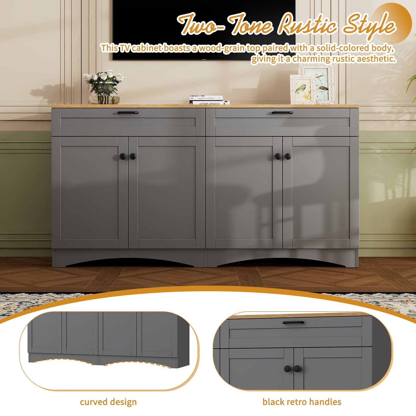 ON-TREND Farmhouse TV Stand with 2 Drawers for TVs Up to 70', Versatile Wood Grain Sideboard with Adjustable Shelves, Mid-Century Buffet Cabinet with Rustic Handles for Living Room/Bedroom, Grey