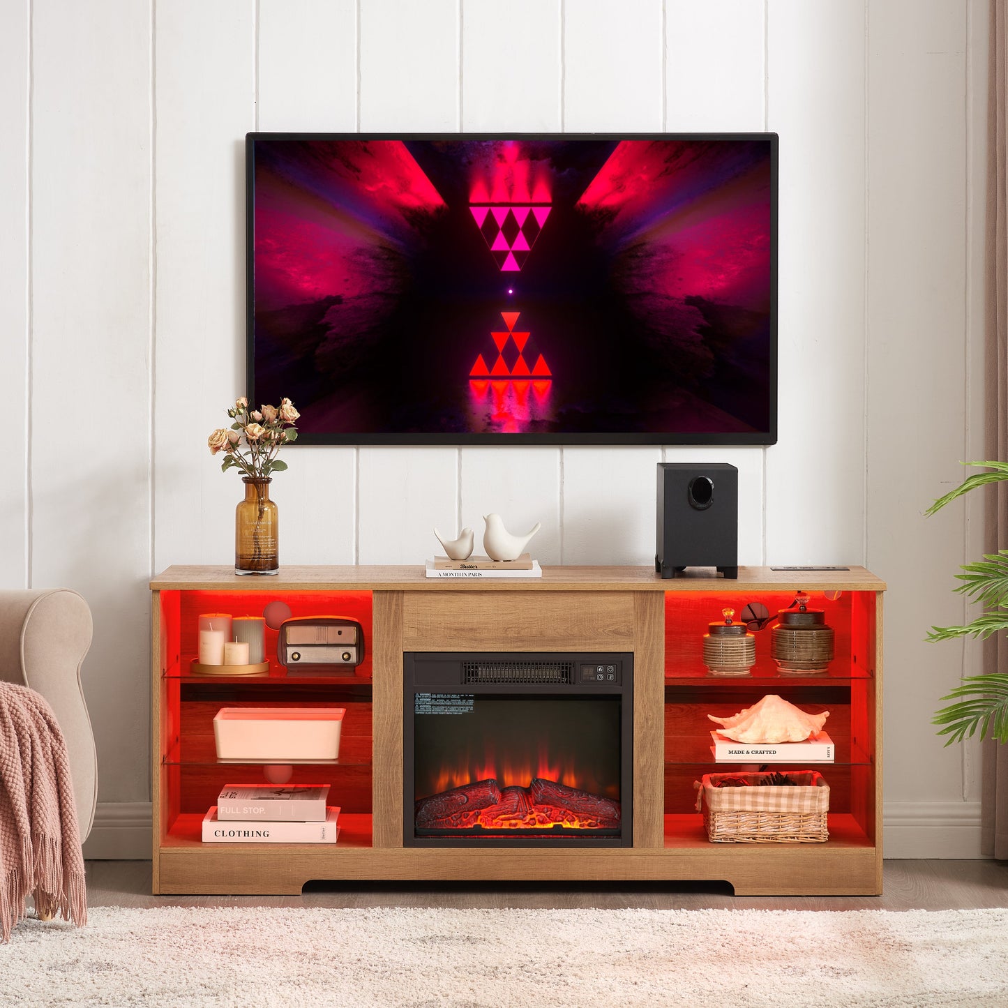 TV Stand Electric Fireplace TV Stand with Glass Shelves, 3D Fireplace TV Stand with LED Lights Wood with USB Charging Outlet Modern Television Table Center for TV up to 32-62' OAK 58'W*15.4''D*24.4