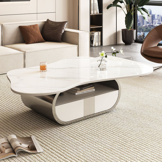 Modern Butterfly Coffee Table with Sintered Stone Top – Oval Center Table with Storage Shelf & Drawer, Stainless Steel Base & MDF Cabinet