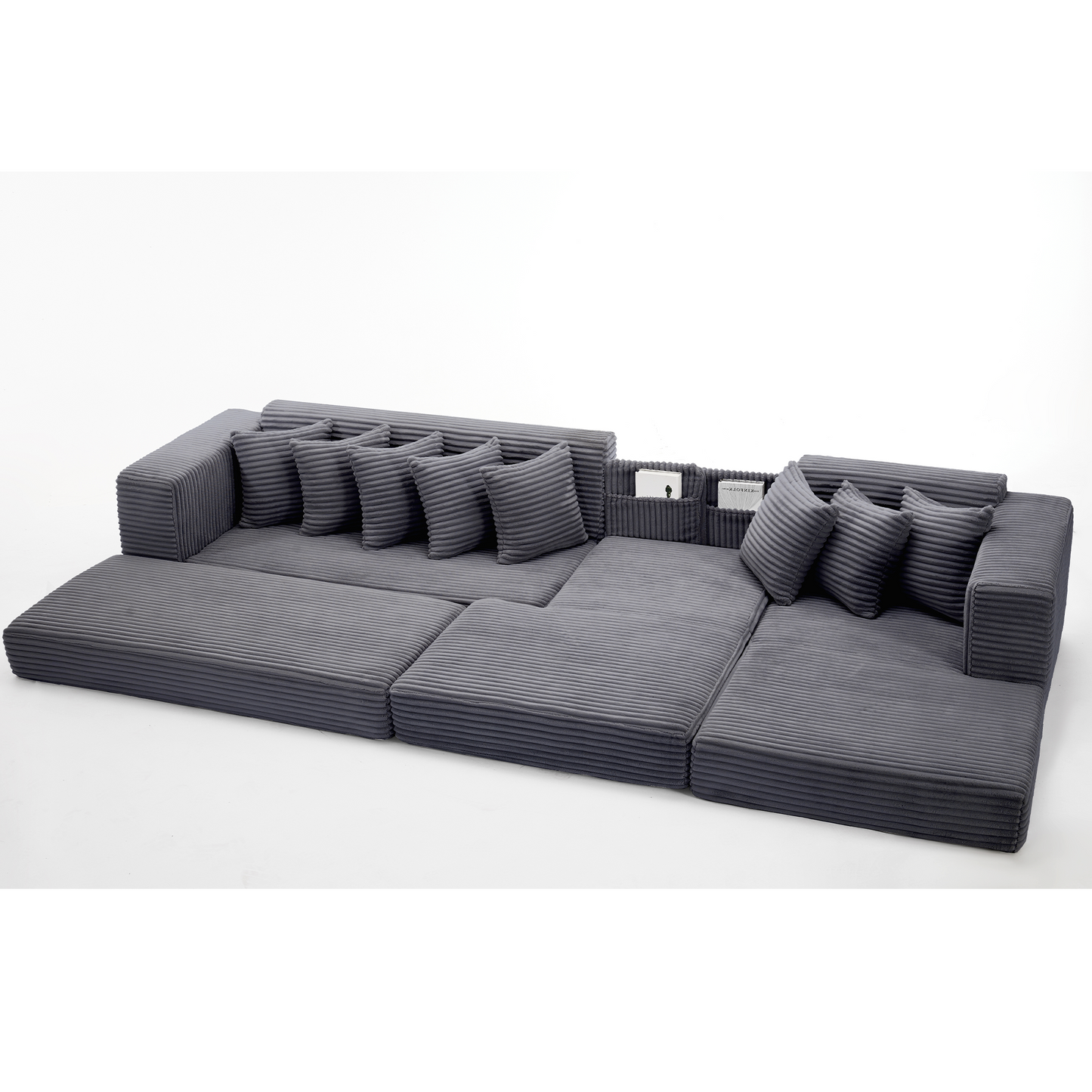 [NEW ARRIVED] [VIDEO PROVIDED] Oversize Cloud Couch, L-Shape Sofa, Convertible Floor Sleeper Sofa Bed, No Assembly ,Eight pillows,3-in-1,Magazine bag,(Right Facing Sofa),3 Seat,Corduroy,Dark Gray