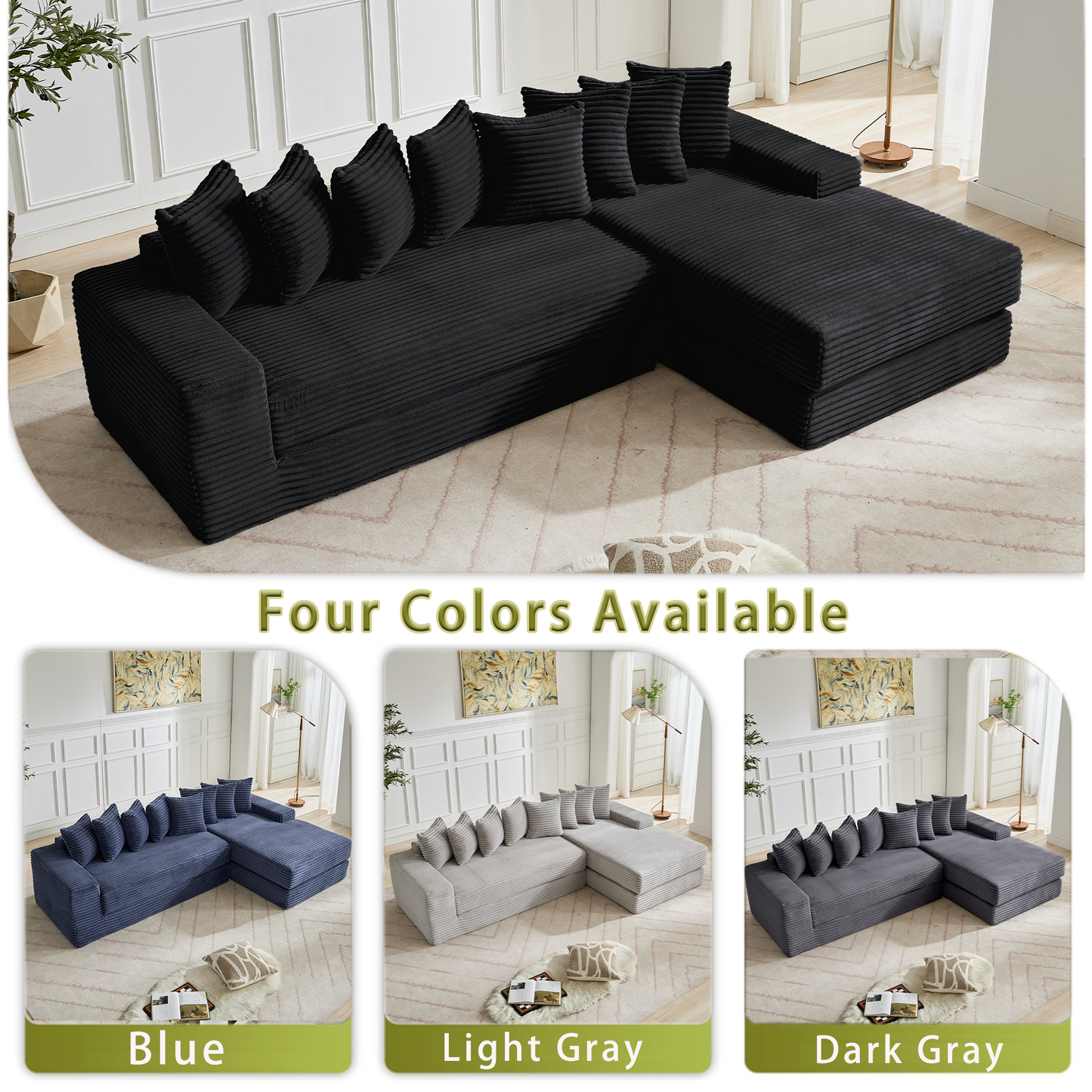 [NEW ARRIVED] [VIDEO PROVIDED] Oversize Cloud Sectional Couch, L-Shape Sofa, Convertible Floor Sleeper Sofa Bed, No Assembly,Eight pillows,3-in-1,Magazine bag,(Right Facing Sofa),3 Seat,Corduroy,Black
