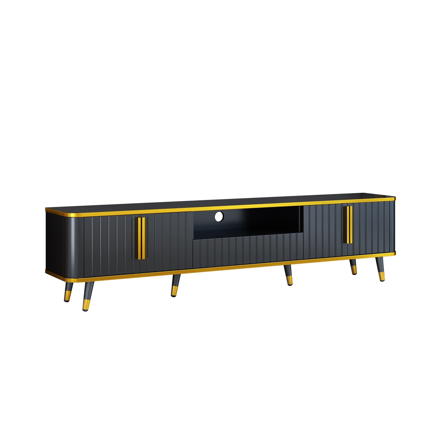 ON-TREND Luxury Minimalism TV Stand with Open Storage Shelf for TVs Up to 85', Entertainment Center with Cabinets and Drawers, Practical Media Console with Unique Legs for Living Room, Black
