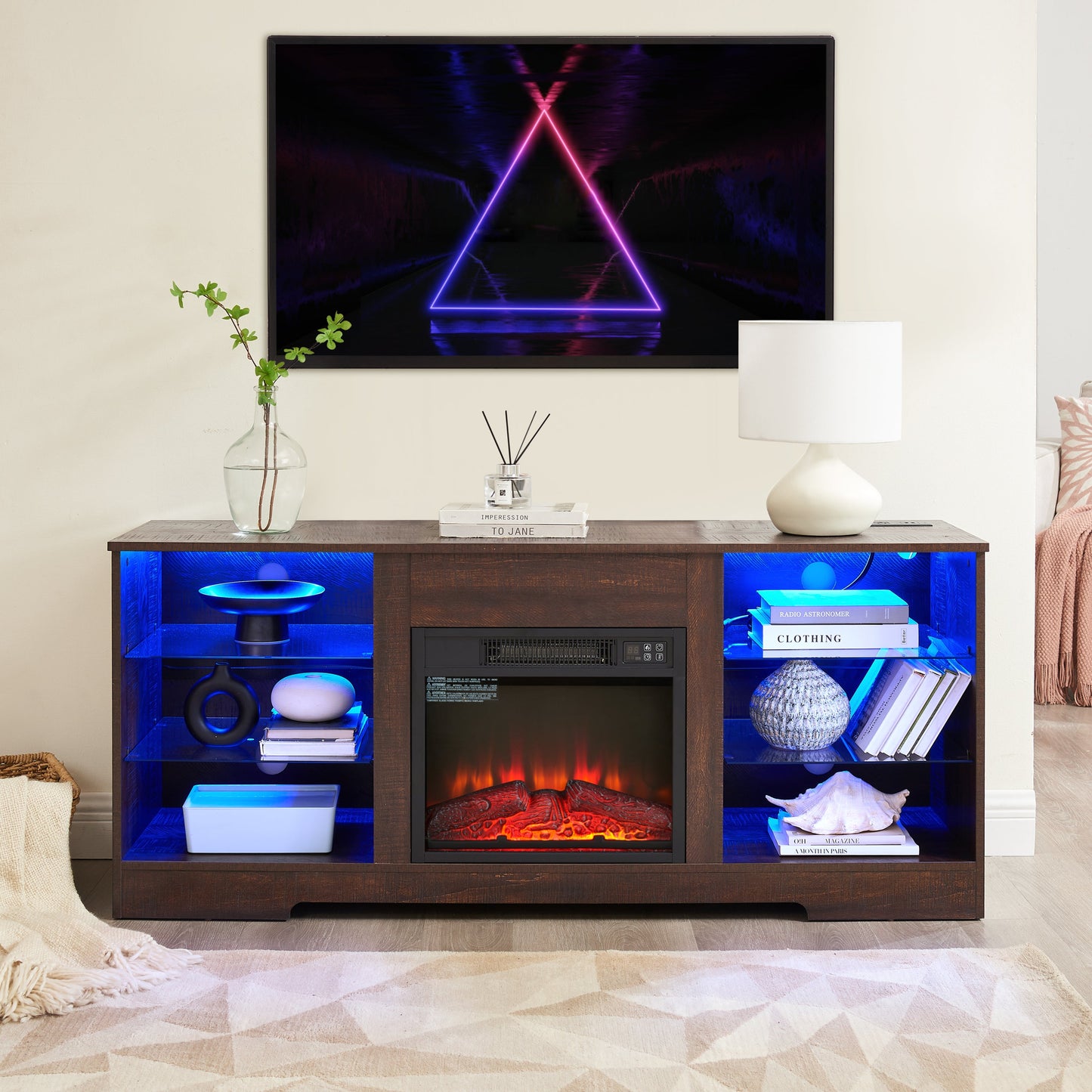 TV Stand Electric Fireplace  Glass Shelves, 3D Fireplace TV Stand with LED Lights Wood with USB Charging Outlet Modern Television Table Center for TV up to 62' ESP, 58''W*15.5''D*24.4