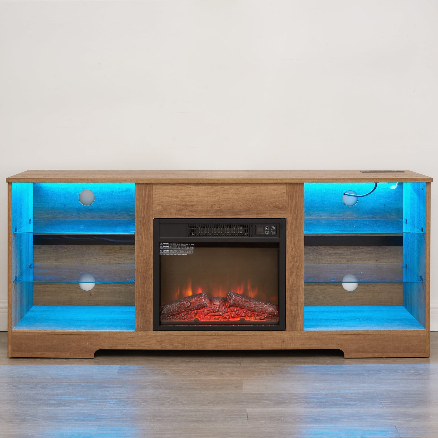 TV Stand Electric Fireplace TV Stand with Glass Shelves, 3D Fireplace TV Stand with LED Lights Wood with USB Charging Outlet Modern Television Table Center for TV up to 32-62' OAK 58'W*15.4''D*24.4