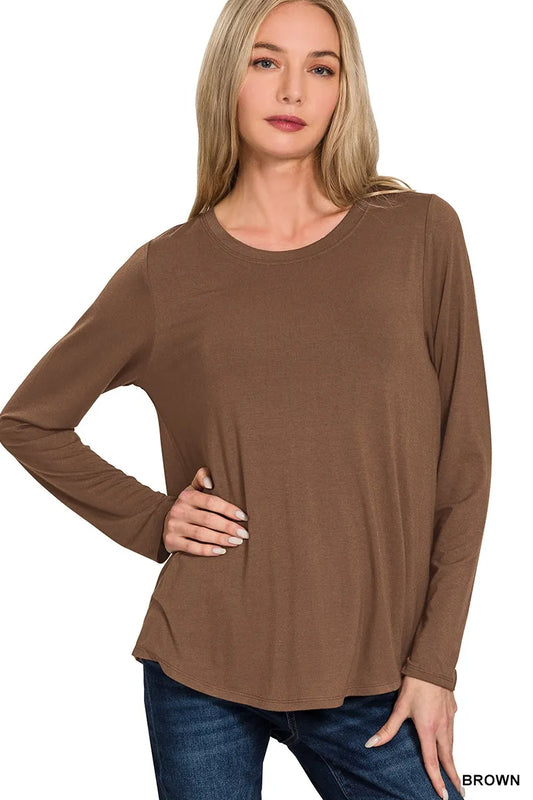 Zenana Flowy Round Hem Rayon Long Sleeve Top - Lee's Retail 