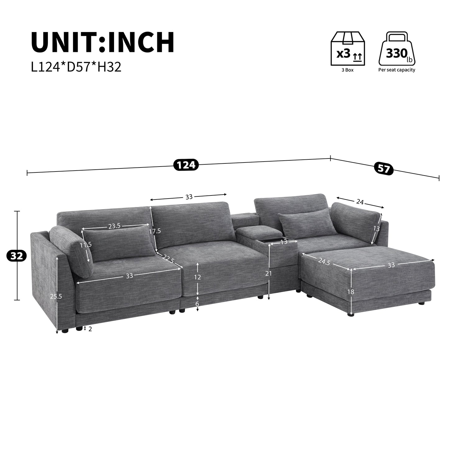 [VIDEO+NEW]124'' Modular Sectional Sofa with Storage Console and Movable Ottoman,33'' Wide Seat,4 Seat L Shaped Chenille Couch,Reversible Comfy Sofa with USB Charger for Living Room,Apartment,2 Colors