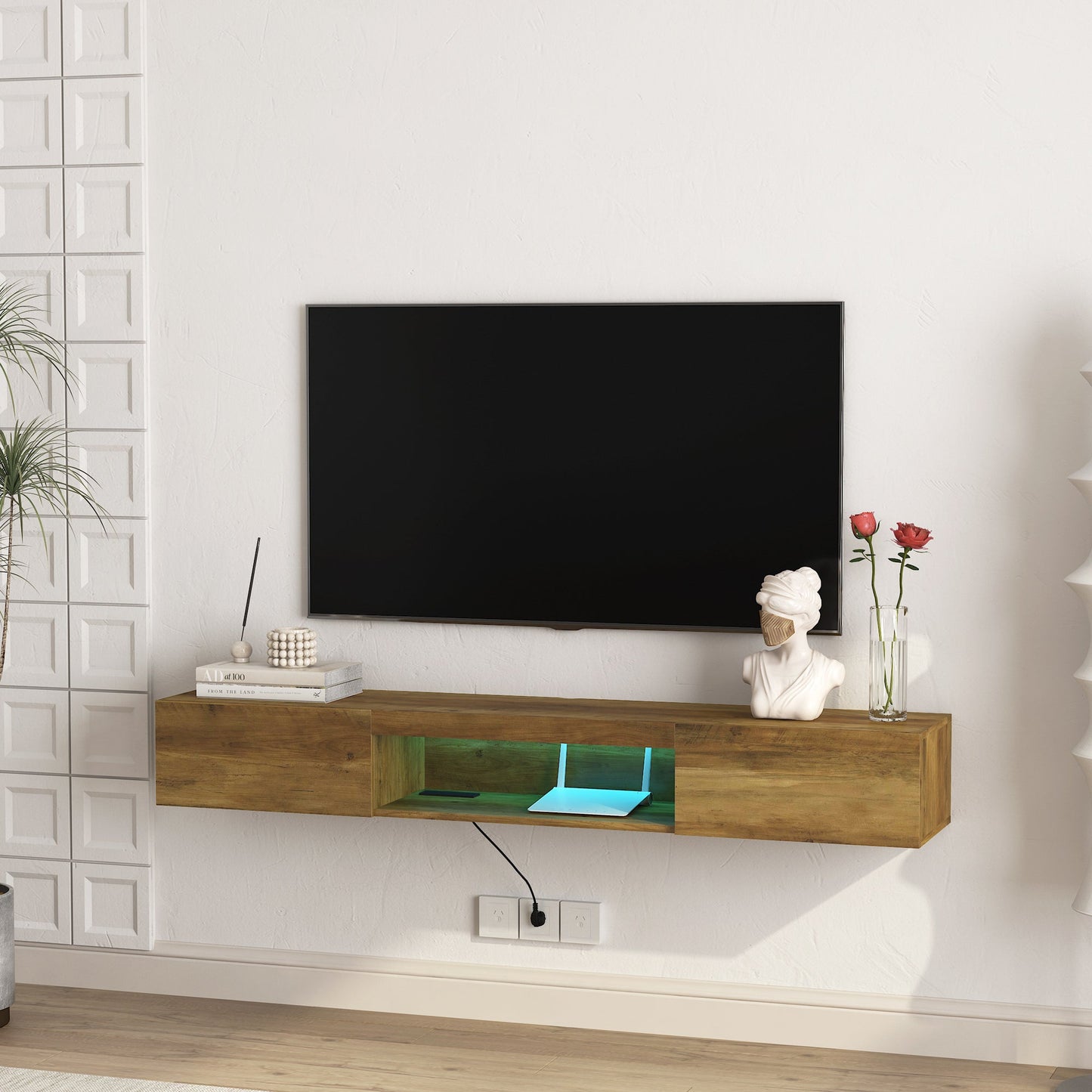 Floating TV Stand, Wall Mounted TV Shelf with LED lights & Power Outlet,Wall Mounted Floating 65' TV Stand with 16 Color LEDs-brown