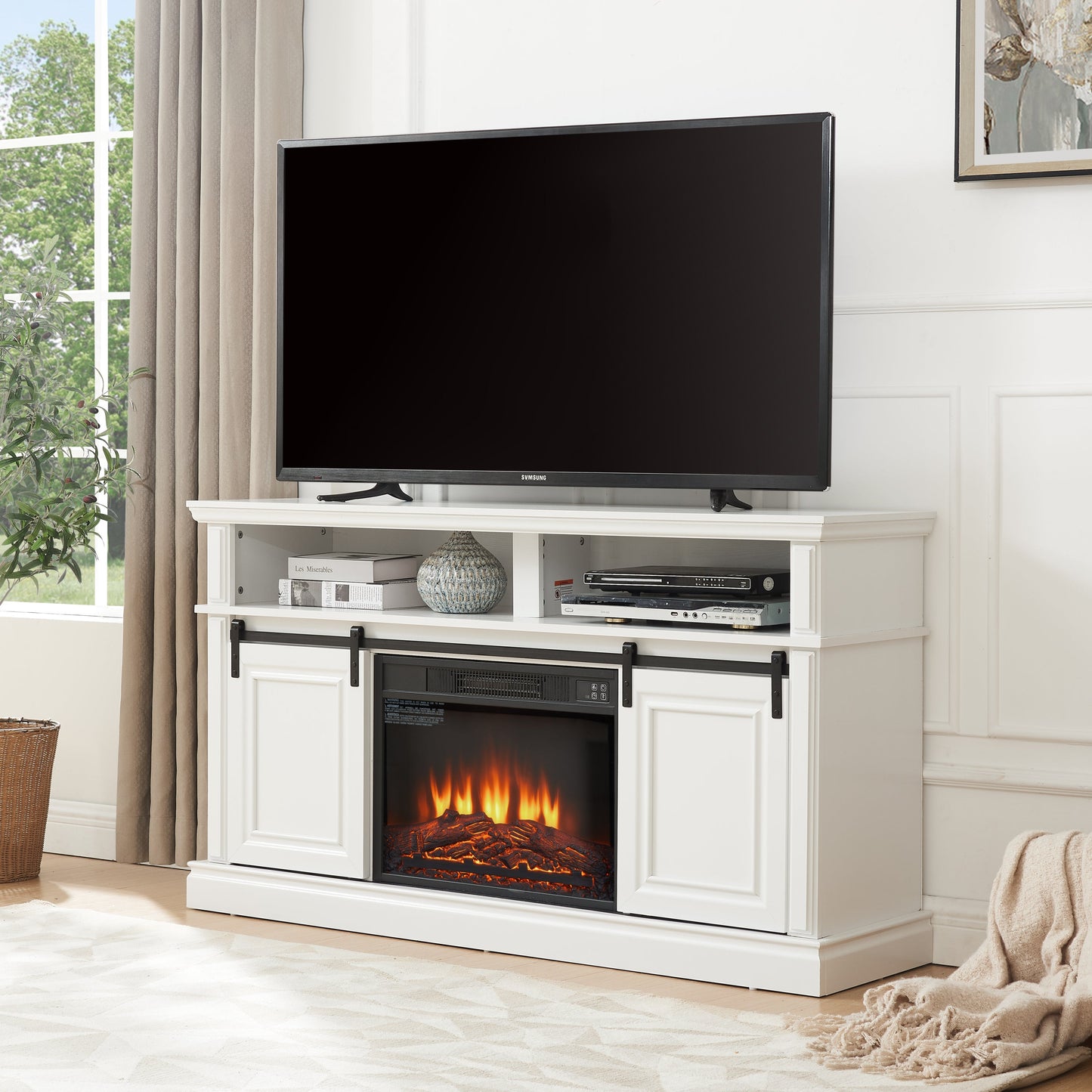 Media Console Table with Storage Cabinet, Mid Century Modern TV Console with 23' Fireplace Insert, Multipurpose Sliding Door TV Cabinet  Large Storage Space, 58.11'W*15.79'D*32.36'H Antique White