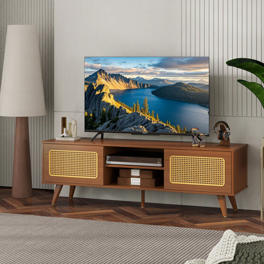 Mid Century Modern Rattan TV Stand for 55/60/65 inch TV , Entertainment Cabinet, Media Console for Living Room Bedroom Media Room, Solid Wood Feet & Rattan Cabinet Doors  (Walnut, 59')