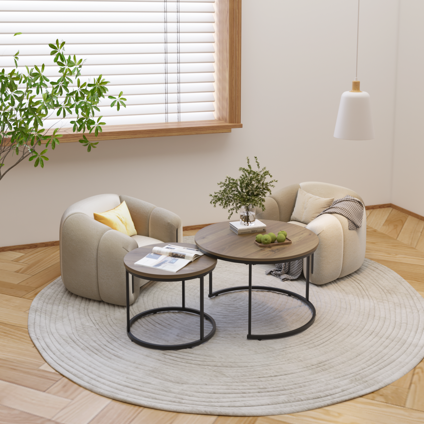 Nesting Coffee Table Set of 2, 27.6inch Round Coffee Table Industrial Wood Finish with Sturdy Metal Frame, End Table Side Tables for Living Room Bedroom Balcony Yard (Brown)