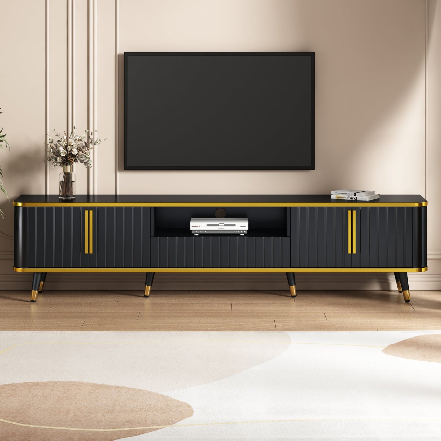 ON-TREND Luxury Minimalism TV Stand with Open Storage Shelf for TVs Up to 85', Entertainment Center with Cabinets and Drawers, Practical Media Console with Unique Legs for Living Room, Black