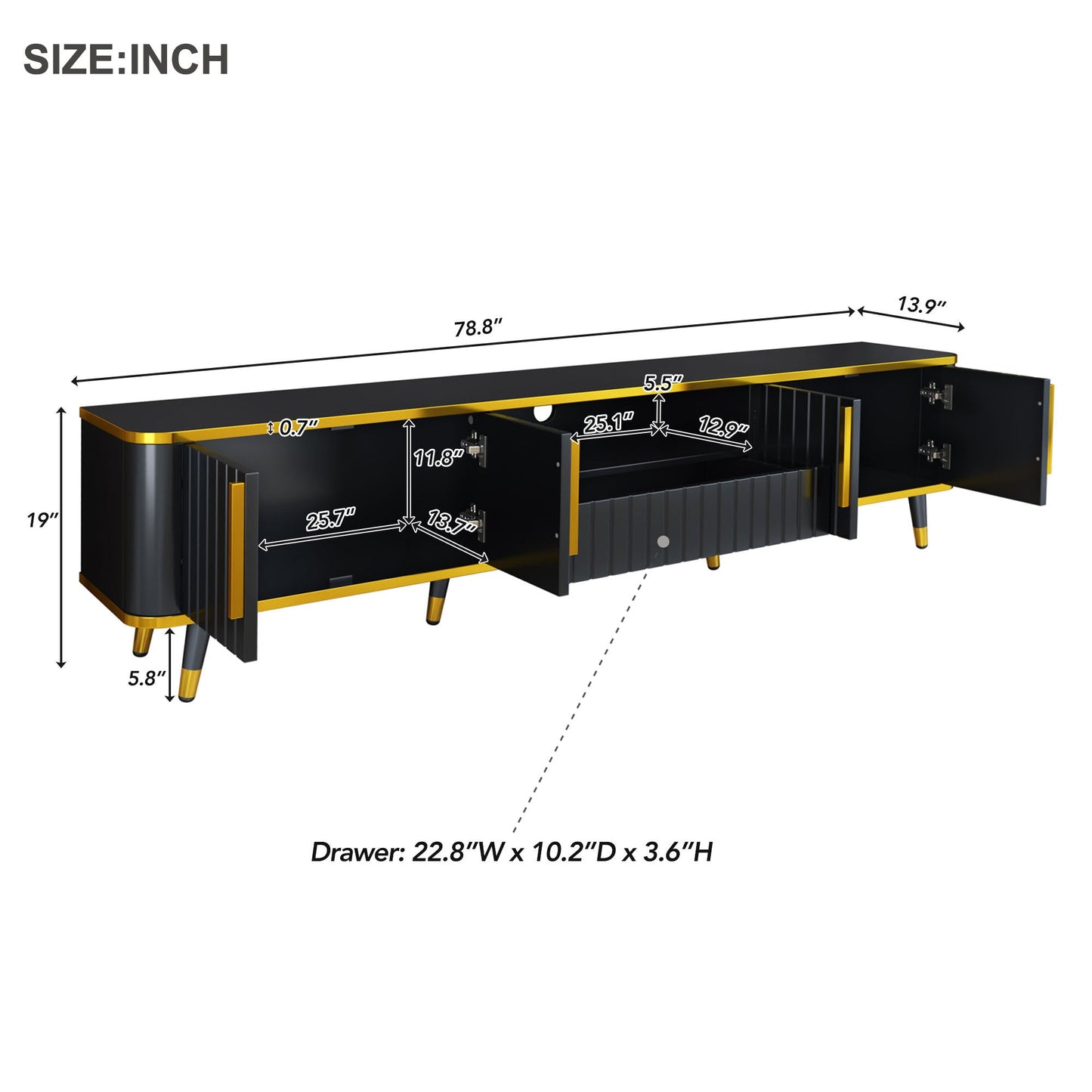 ON-TREND Luxury Minimalism TV Stand with Open Storage Shelf for TVs Up to 85', Entertainment Center with Cabinets and Drawers, Practical Media Console with Unique Legs for Living Room, Black