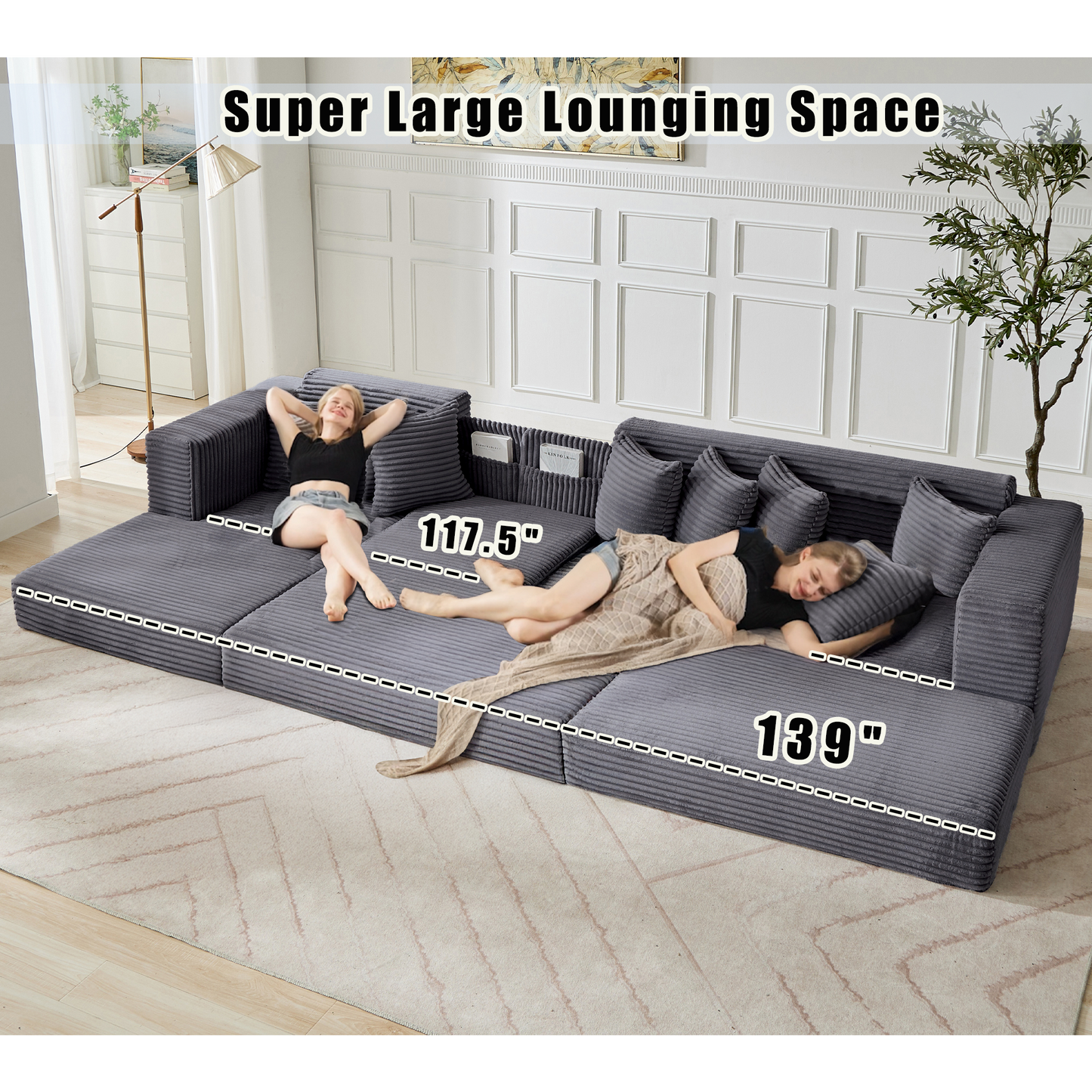 [NEW ARRIVED] [VIDEO PROVIDED] Oversize Cloud Couch, L-Shape Sofa, Convertible Floor Sleeper Sofa Bed, No Assembly ,Eight pillows,3-in-1,Side Pocket,(Left Facing Sofa),3 Seat,Corduroy,Dark Gray