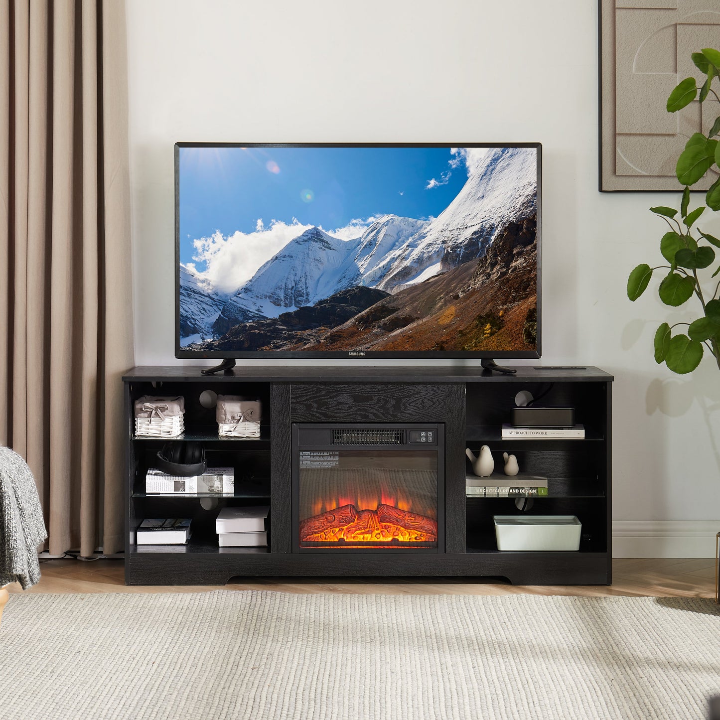 TV Stand Electric Fireplace TV Stand with Glass Shelves, 3D Fireplace TV Stand with LED Lights Wood with USB Charging Outlet Modern Television Table Center for TV up to 32-62' Black 58''W*15.4''D*24.4