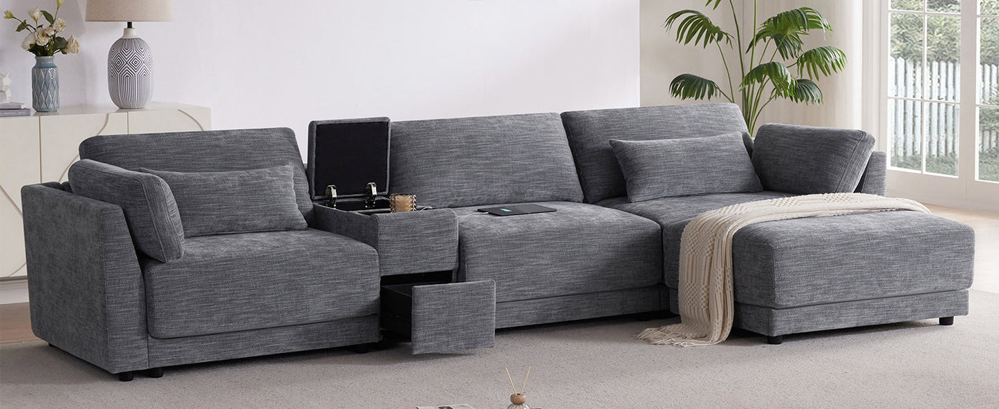 [VIDEO+NEW]124'' Modular Sectional Sofa with Storage Console and Movable Ottoman,33'' Wide Seat,4 Seat L Shaped Chenille Couch,Reversible Comfy Sofa with USB Charger for Living Room,Apartment,2 Colors