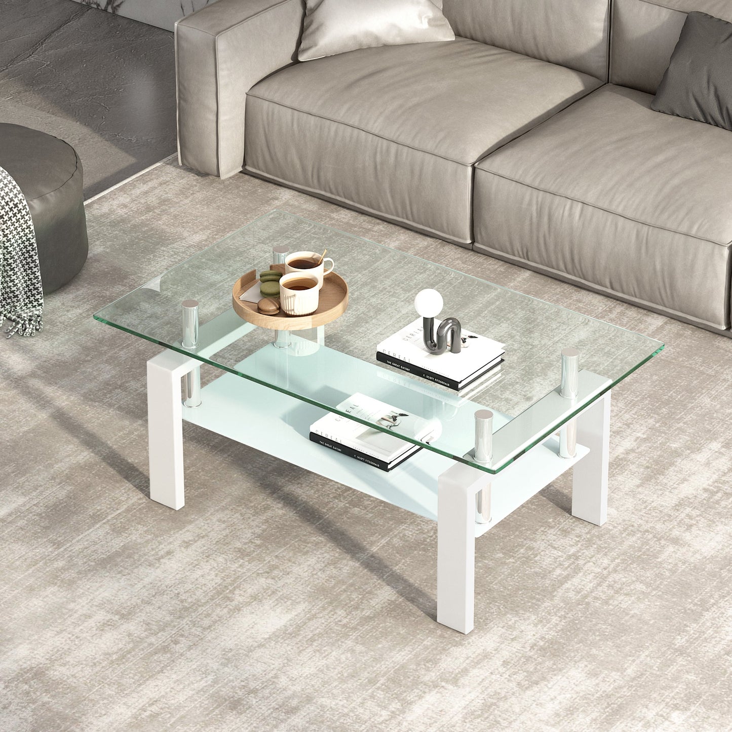 Luxury Modern Tempered Clear Glass Coffee Table with 2-Layers and Solid MDF Frame for Living Room