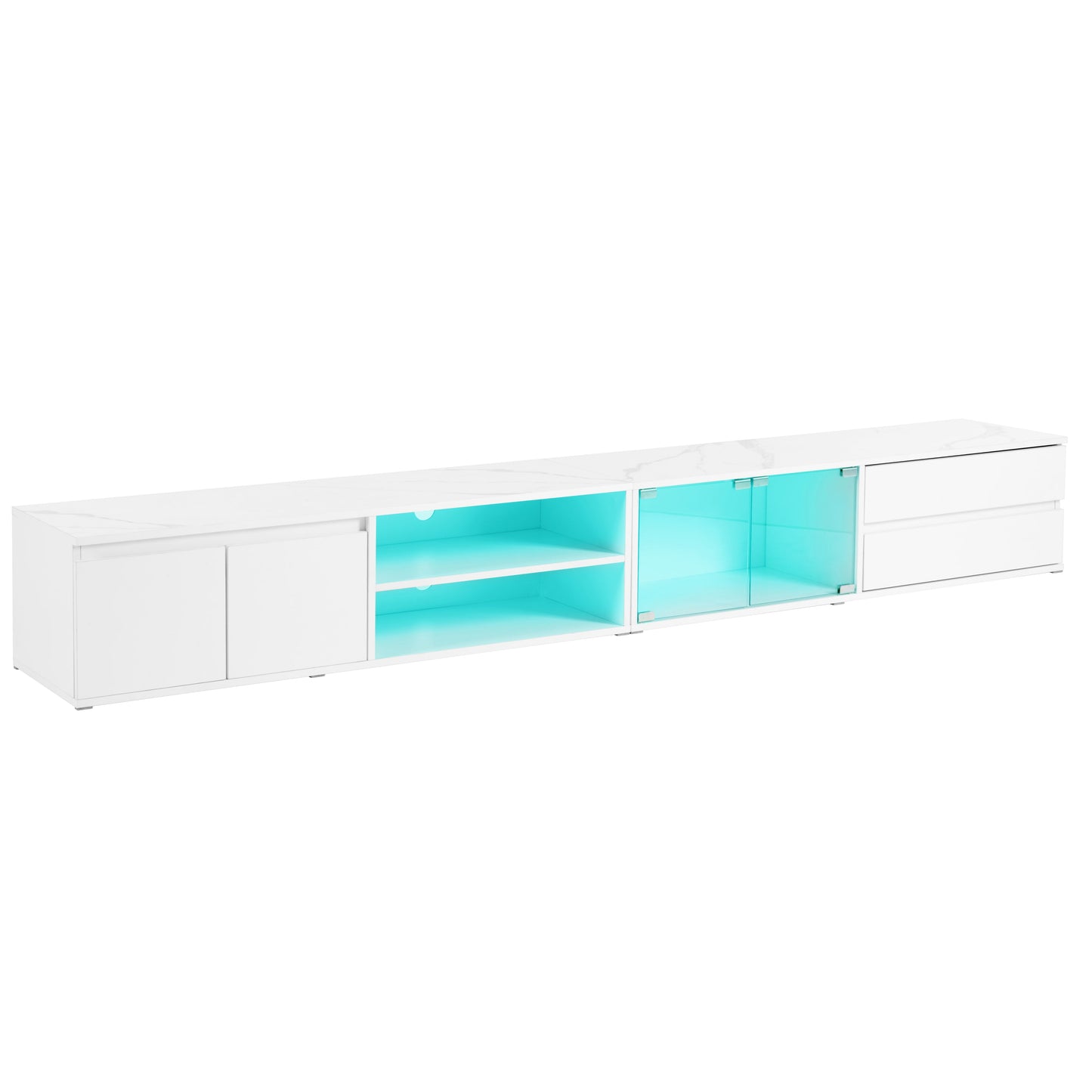 ON-TREND Modern APP Controlled LED TV Stand for TVs Up to 105'', Faux Marble Tabletop Media Console with Tempered Glass Doors, Entertainment Center with 2 Drawers & Cabinets for Living Room, White