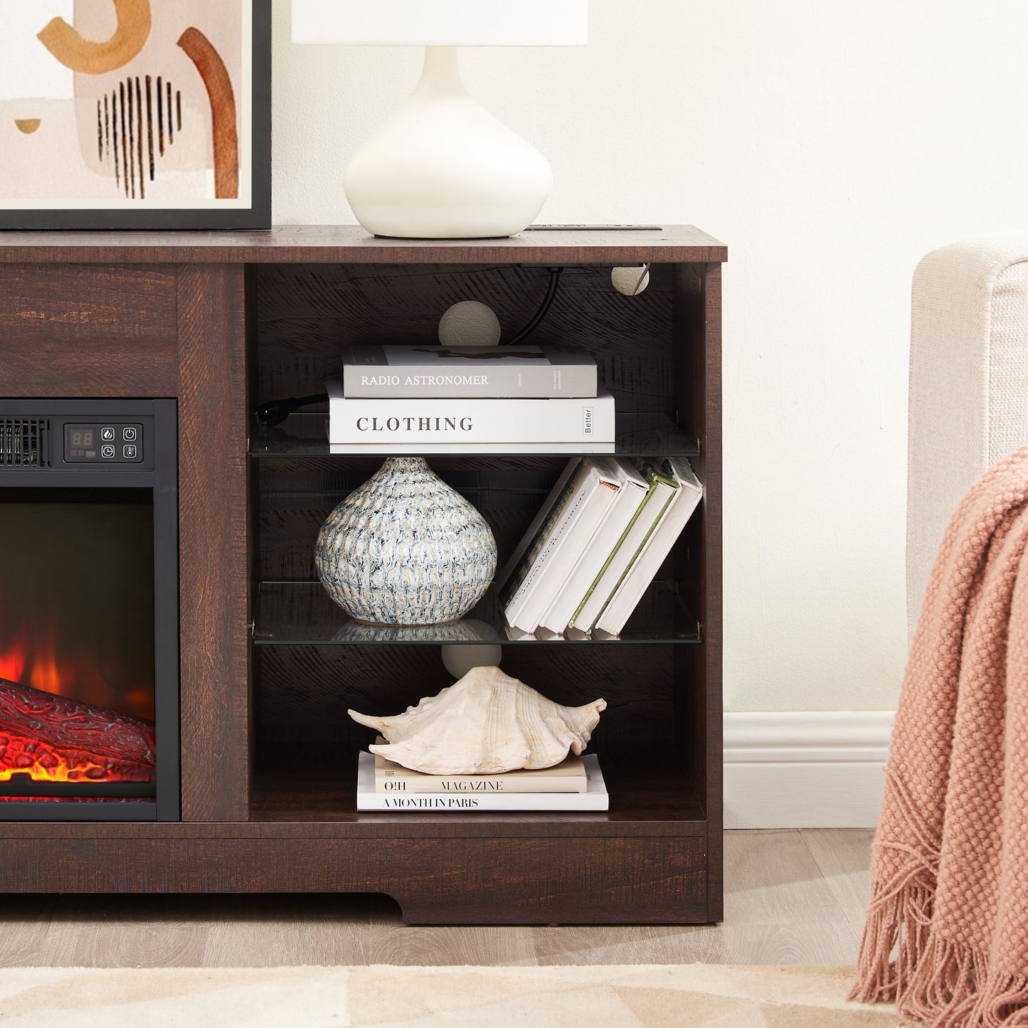 TV Stand Electric Fireplace  Glass Shelves, 3D Fireplace TV Stand with LED Lights Wood with USB Charging Outlet Modern Television Table Center for TV up to 62' ESP, 58''W*15.5''D*24.4