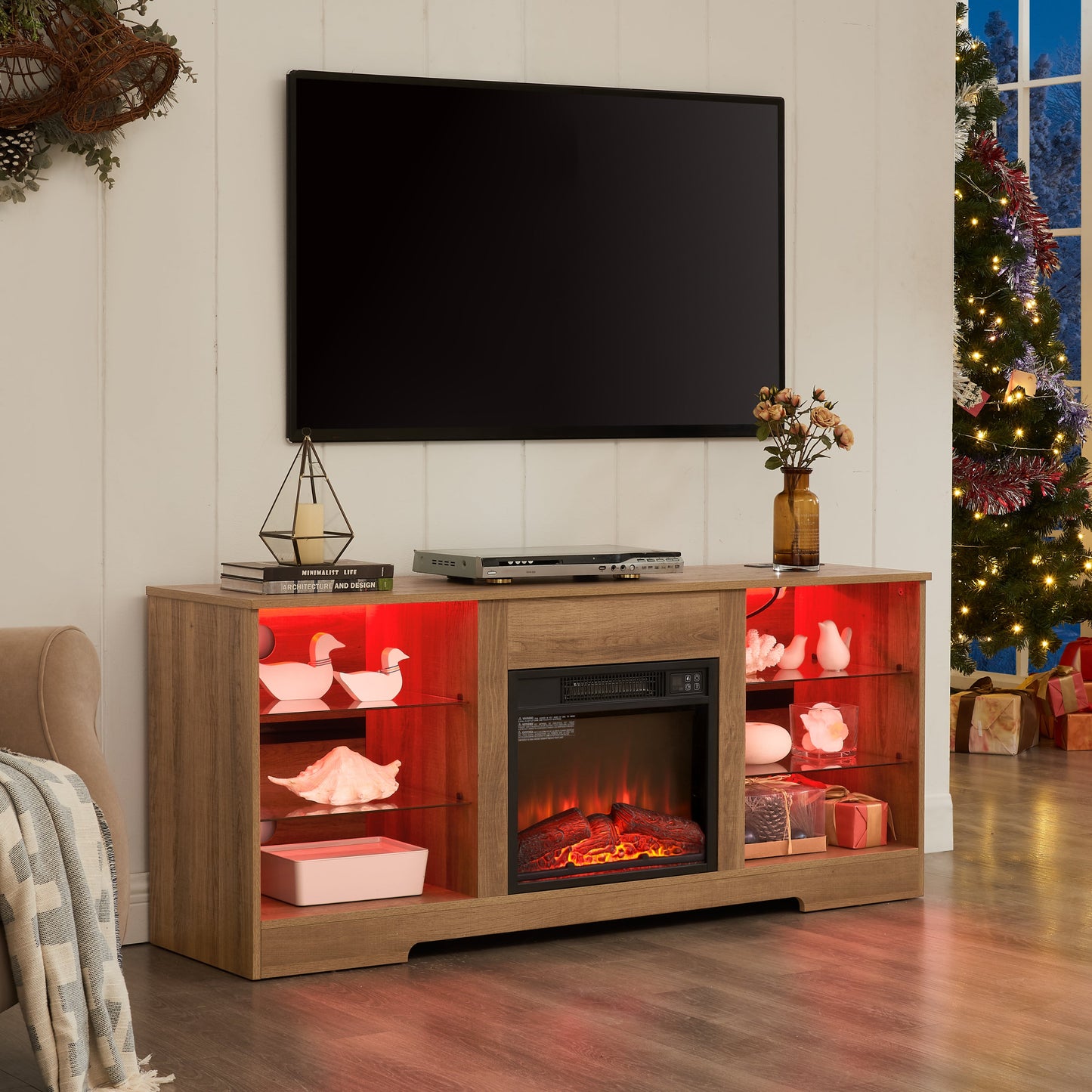 TV Stand Electric Fireplace TV Stand with Glass Shelves, 3D Fireplace TV Stand with LED Lights Wood with USB Charging Outlet Modern Television Table Center for TV up to 32-62' OAK 58'W*15.4''D*24.4
