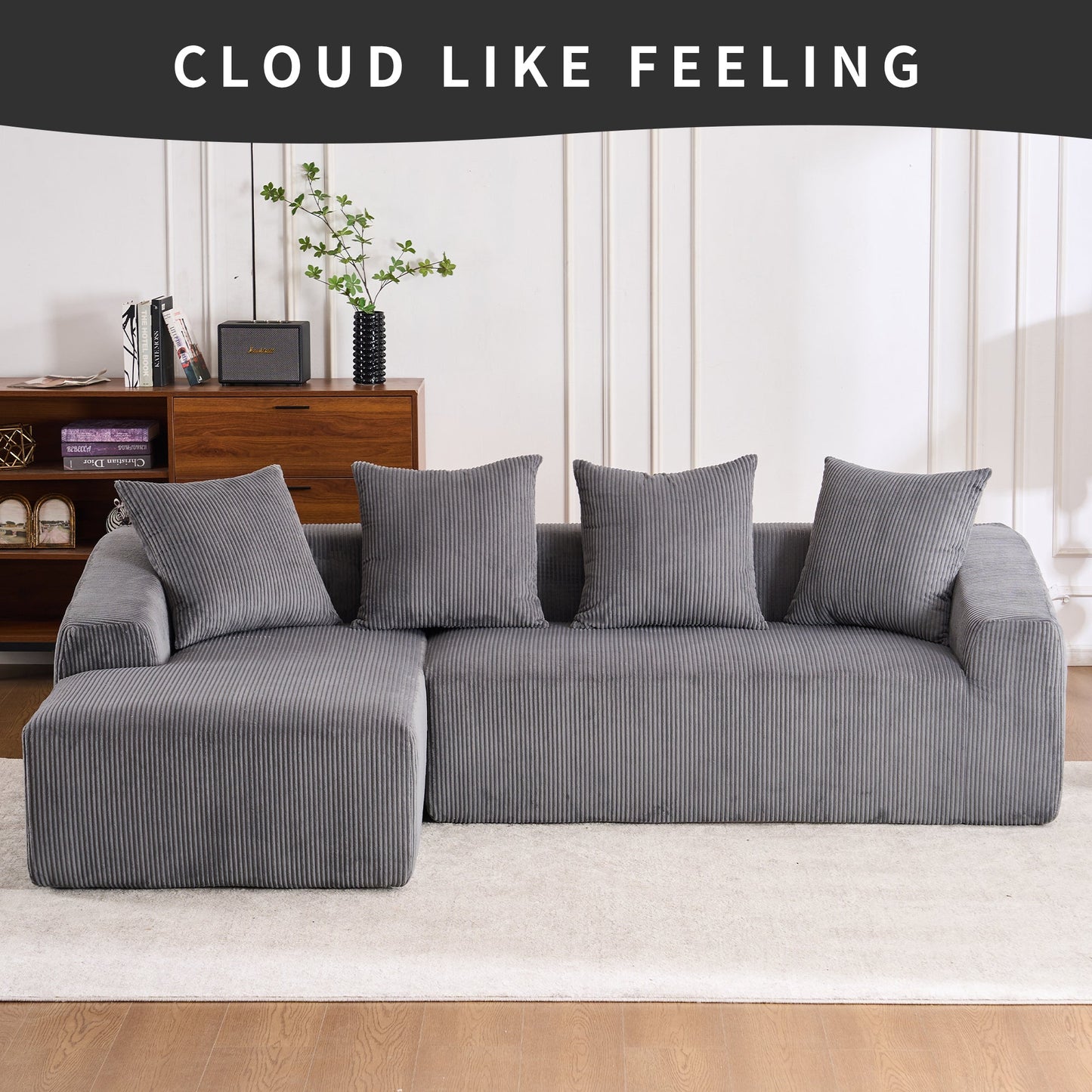 LY-023 Grey Compression Sofa: Corduroy Fabric, Chaise Longue and 3-Seater Combination with 4 Pillows