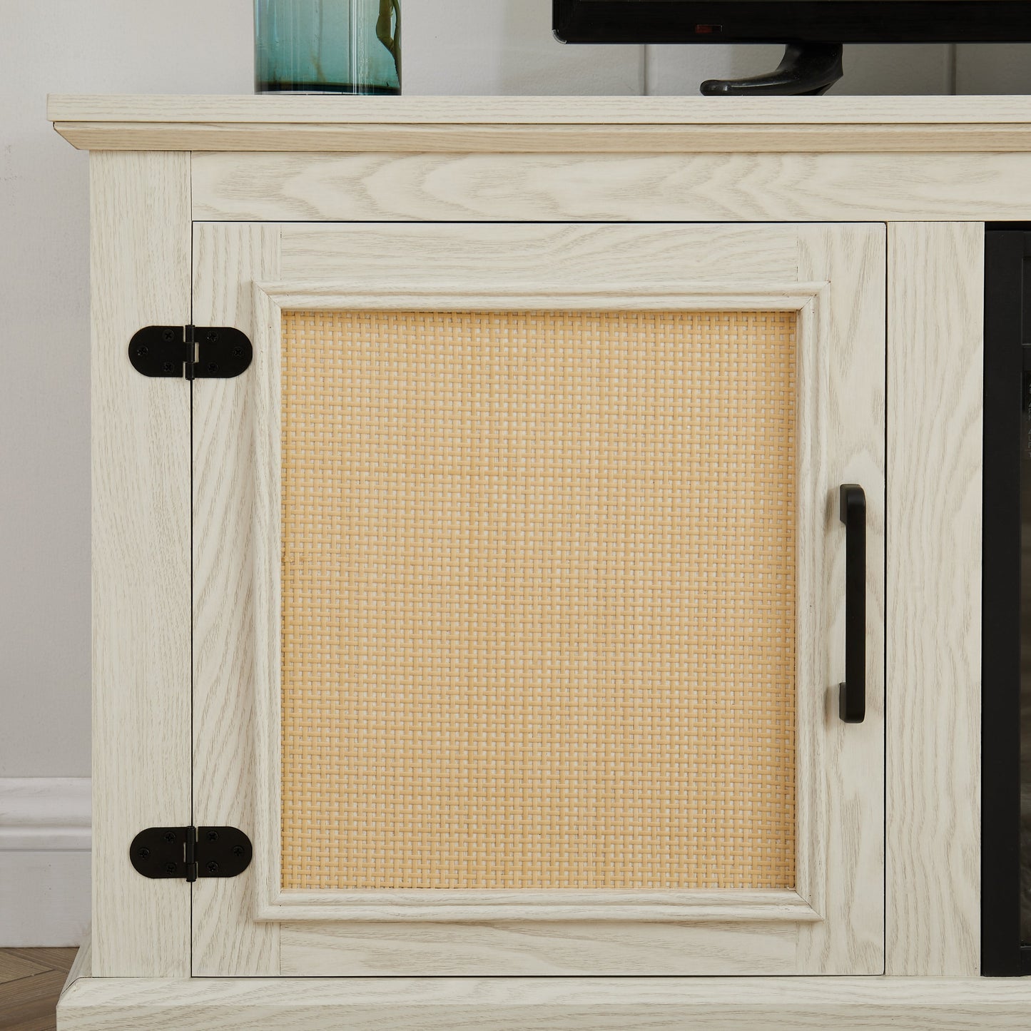 Farmhouse Rattan TV Stand Console Table for TVs up to 70 Inches, TV Console Table with 2 Storage Shelves, 2 Natural Rattan Door Cabinets,65'W*15.55'D*23.86'H, White